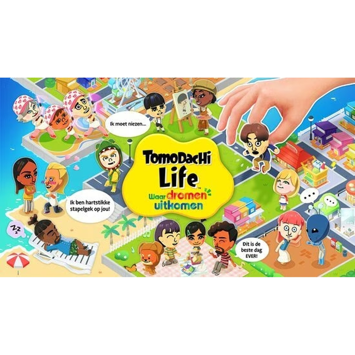 TomoDachi Life : Personnages sur une île avec des maisons, une grande roue et une main.