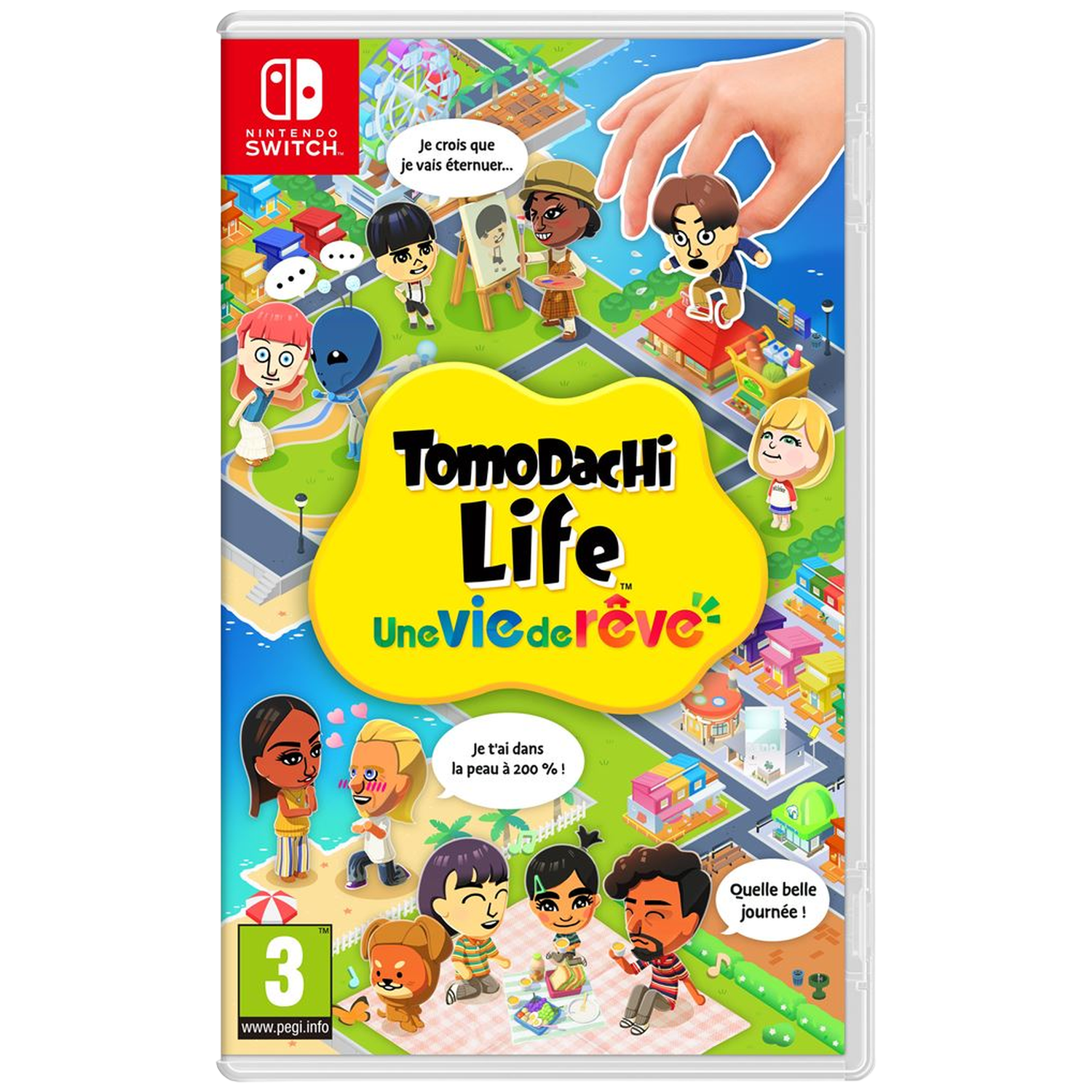 Couverture du jeu Nintendo Switch : Tomodachi Life avec des personnages colorés et une grande roue.