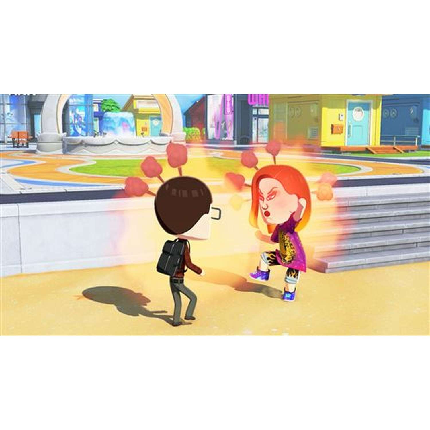 Deux personnages de dessin animé se font face, l'un avec un sac à dos, l'autre avec des cheveux rouges.