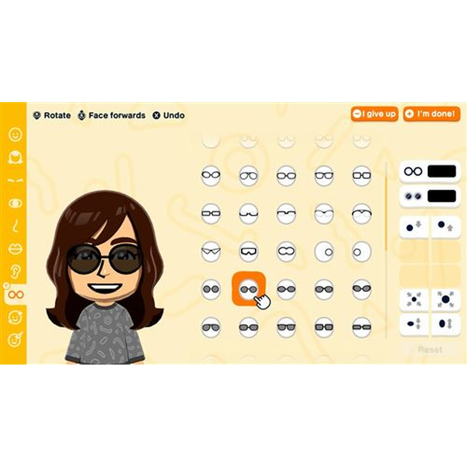 Un personnage numérique est personnalisé avec diverses options de lunettes.