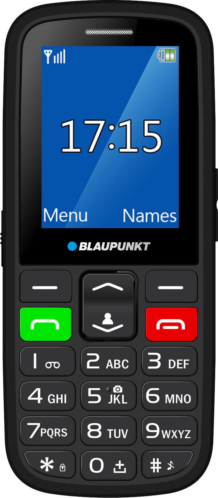 Egy fekete Blaupunkt mobiltelefon 17:15-öt mutat kék kijelzőjén.