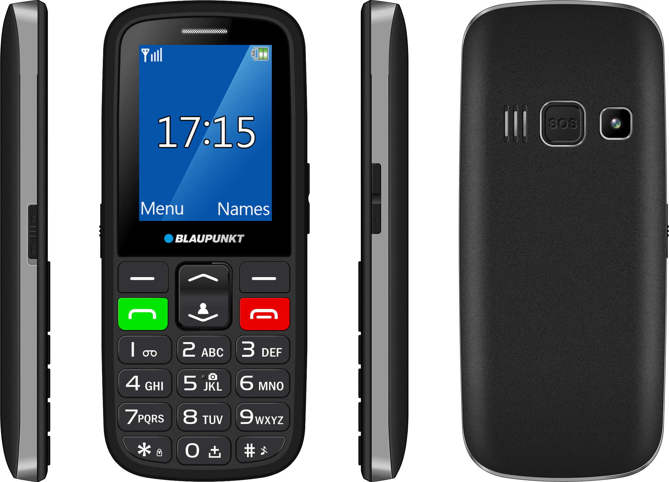 Egy fekete Blaupunkt mobiltelefon négy nézete, billentyűzettel és SOS gombbal.