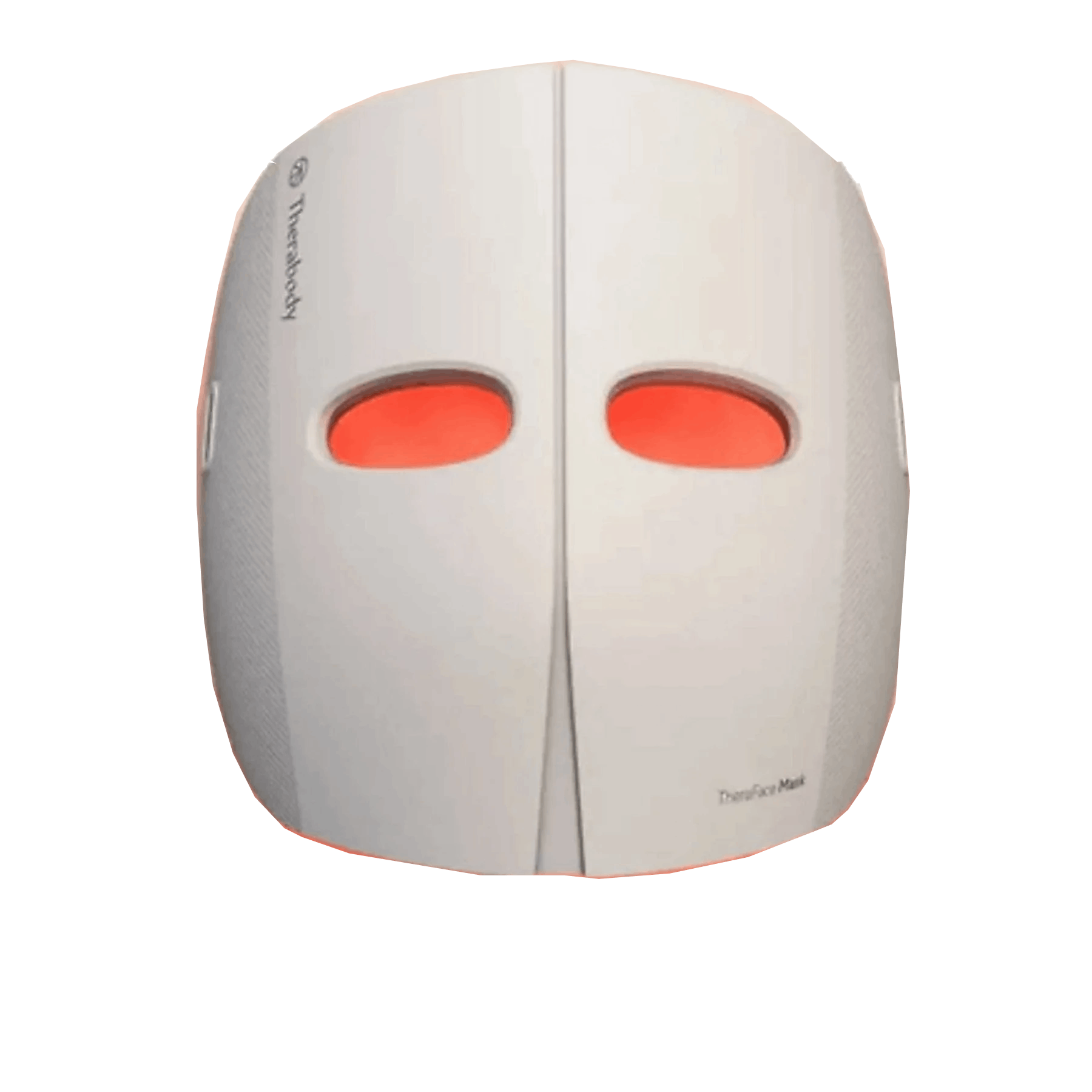 Una mascarilla facial blanca con dos aberturas rojas para los ojos y el logo de Therabody.