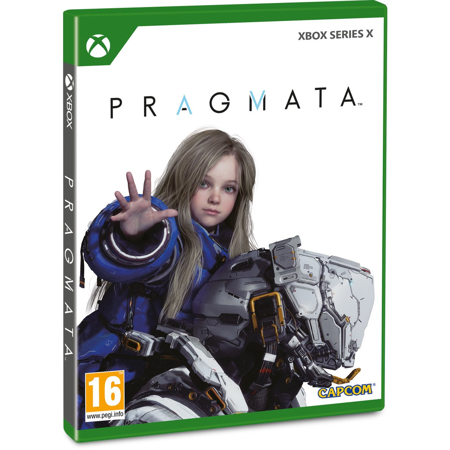 Xbox gamecover: Meisje met robot. "PRAGMATA" logo. Leeftijd 16.