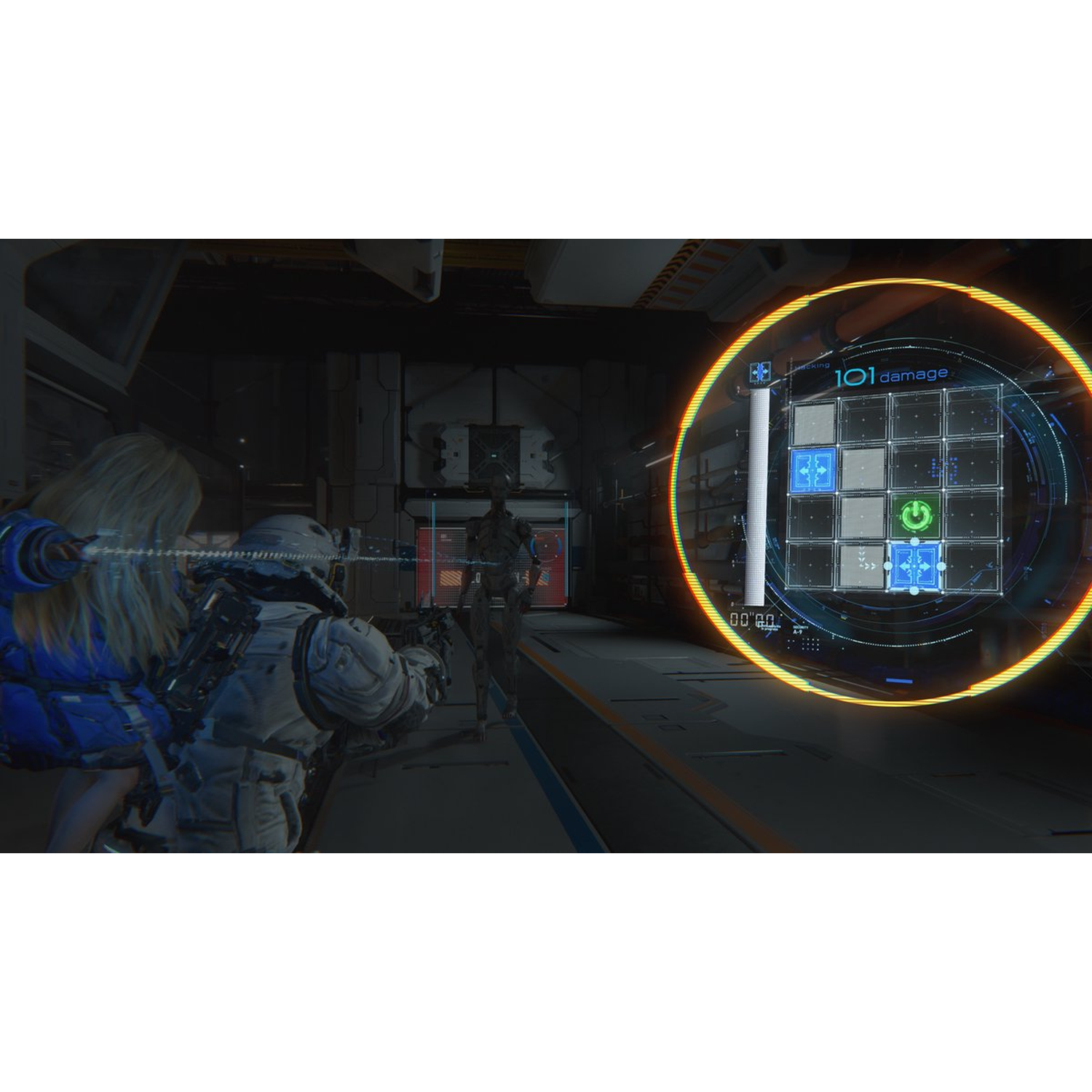 Twee bepantserde spelers richten op een tegenstander in een futuristische kamer. HUD-elementen zichtbaar.