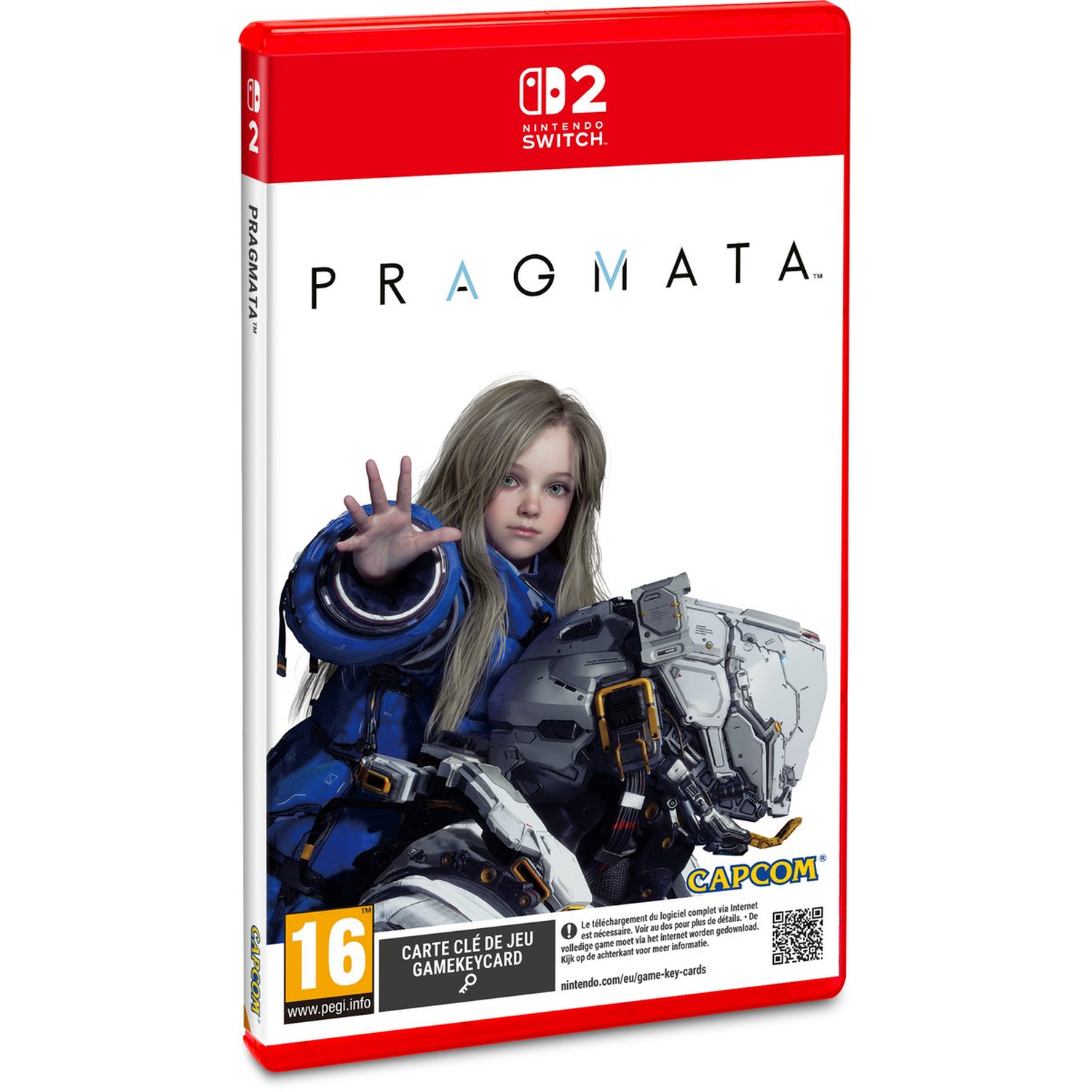 Nintendo Switch spel "Pragmata" met meisje in harnas. PEGI 16.