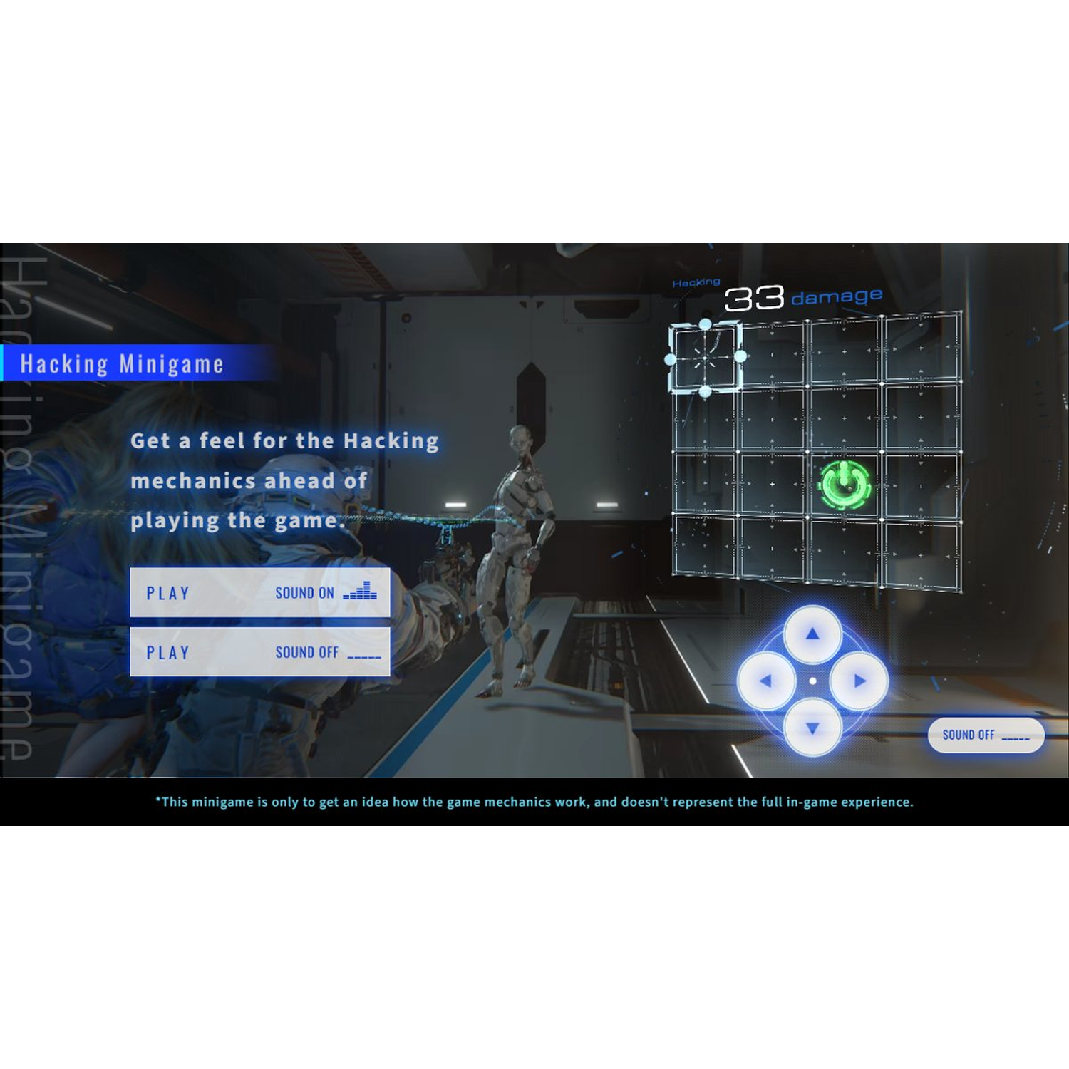 Een robot voor een hacking minigame scherm met opties.