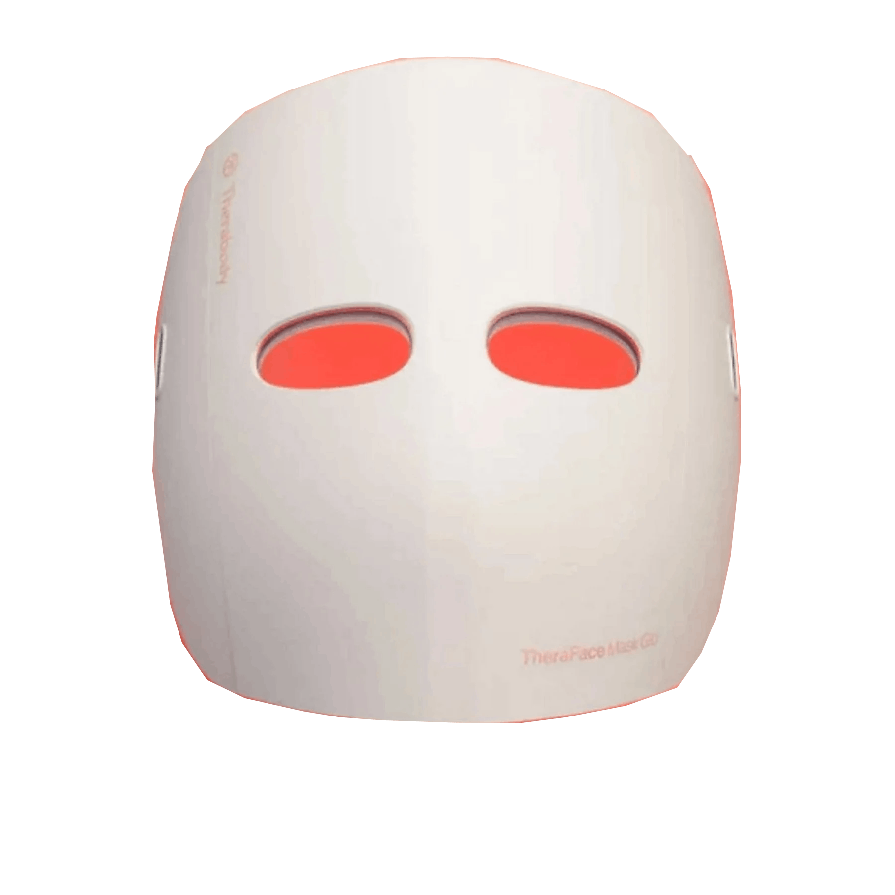Mascarilla facial blanca con aberturas rojas para ojos y logo.