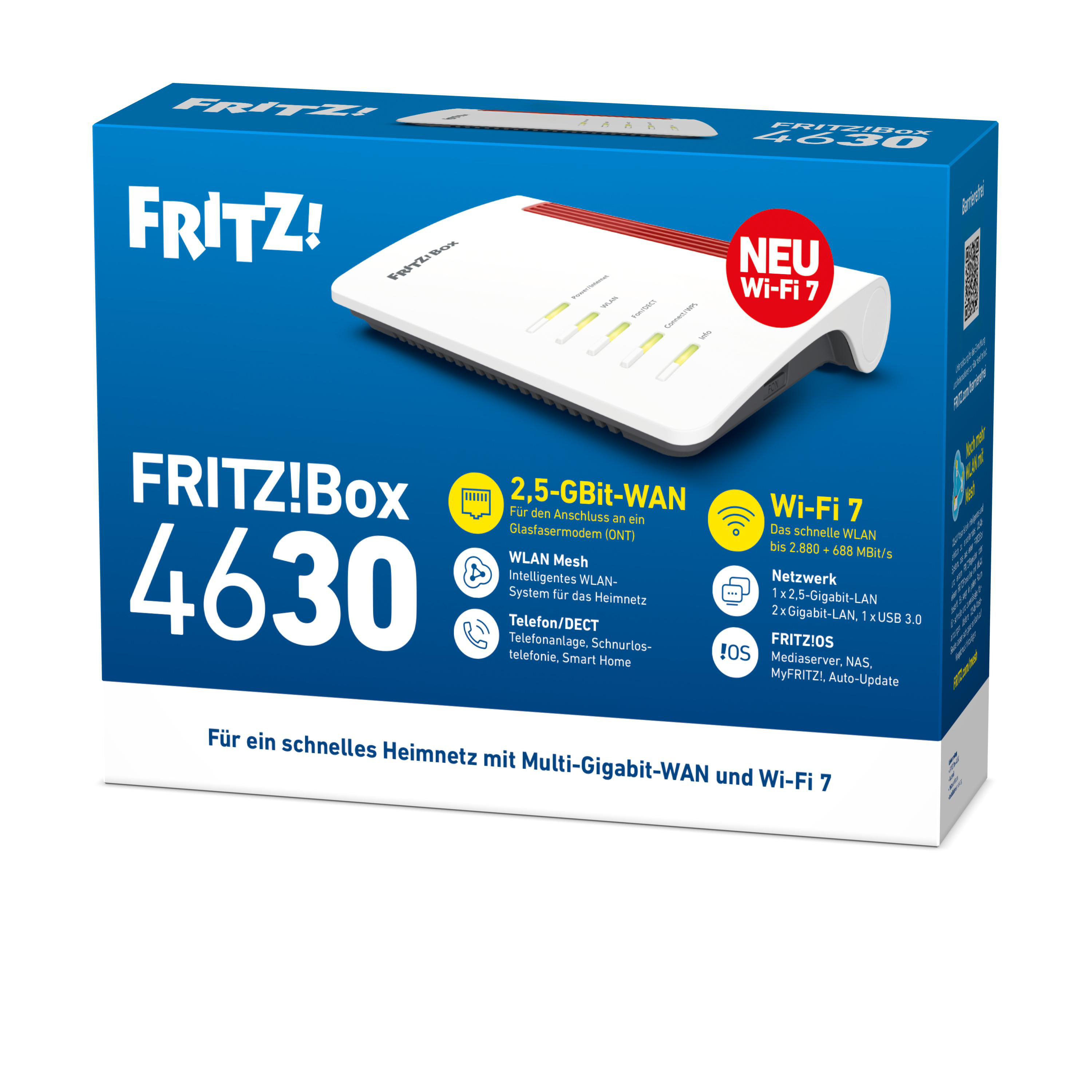 FRITZ!Box 4630 Router-Verpackung mit Details zu 2,5-GBit-WAN und Wi-Fi 7.
