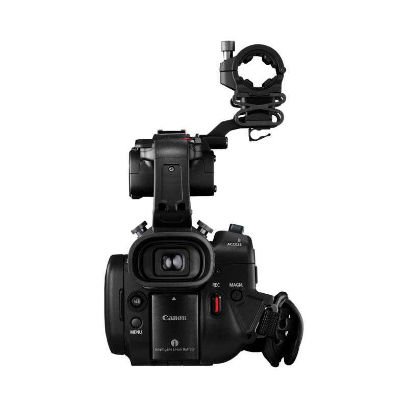 Ein schwarzes Canon Camcorder-Modell mit Griff und Zubehör, vor weißem Hintergrund.