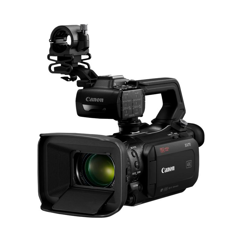 Eine schwarze Canon XA70 4K Camcorder mit Griff und Mikrofonhalterung.