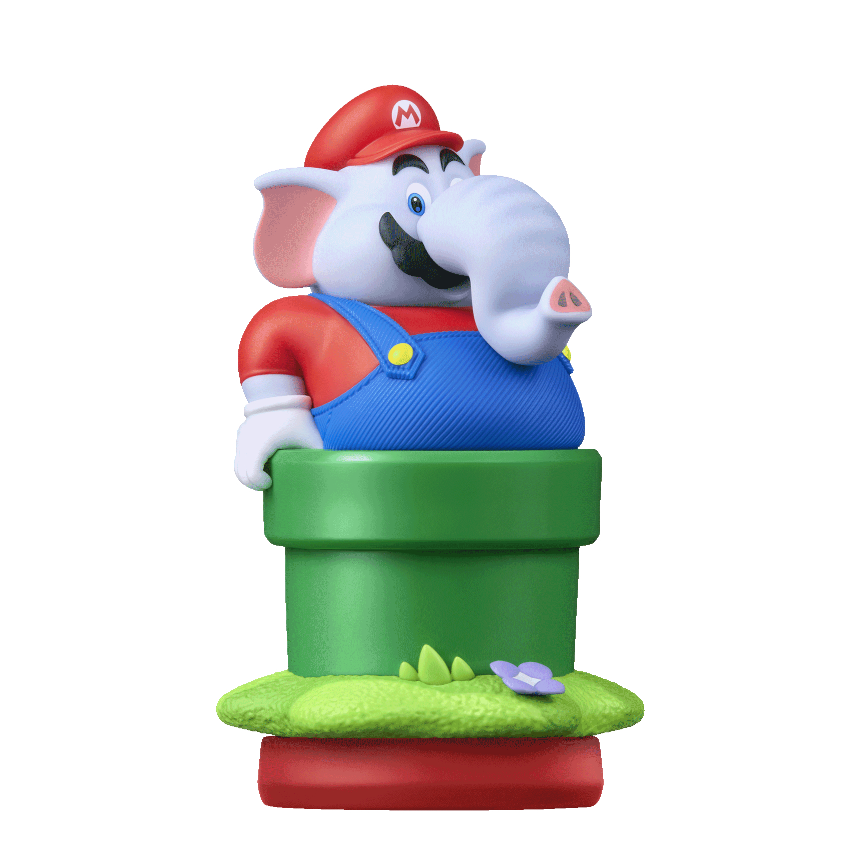 Elefanten-Mario in blauer Latzhose steckt in einer grünen Röhre, auf Gras mit Blume.