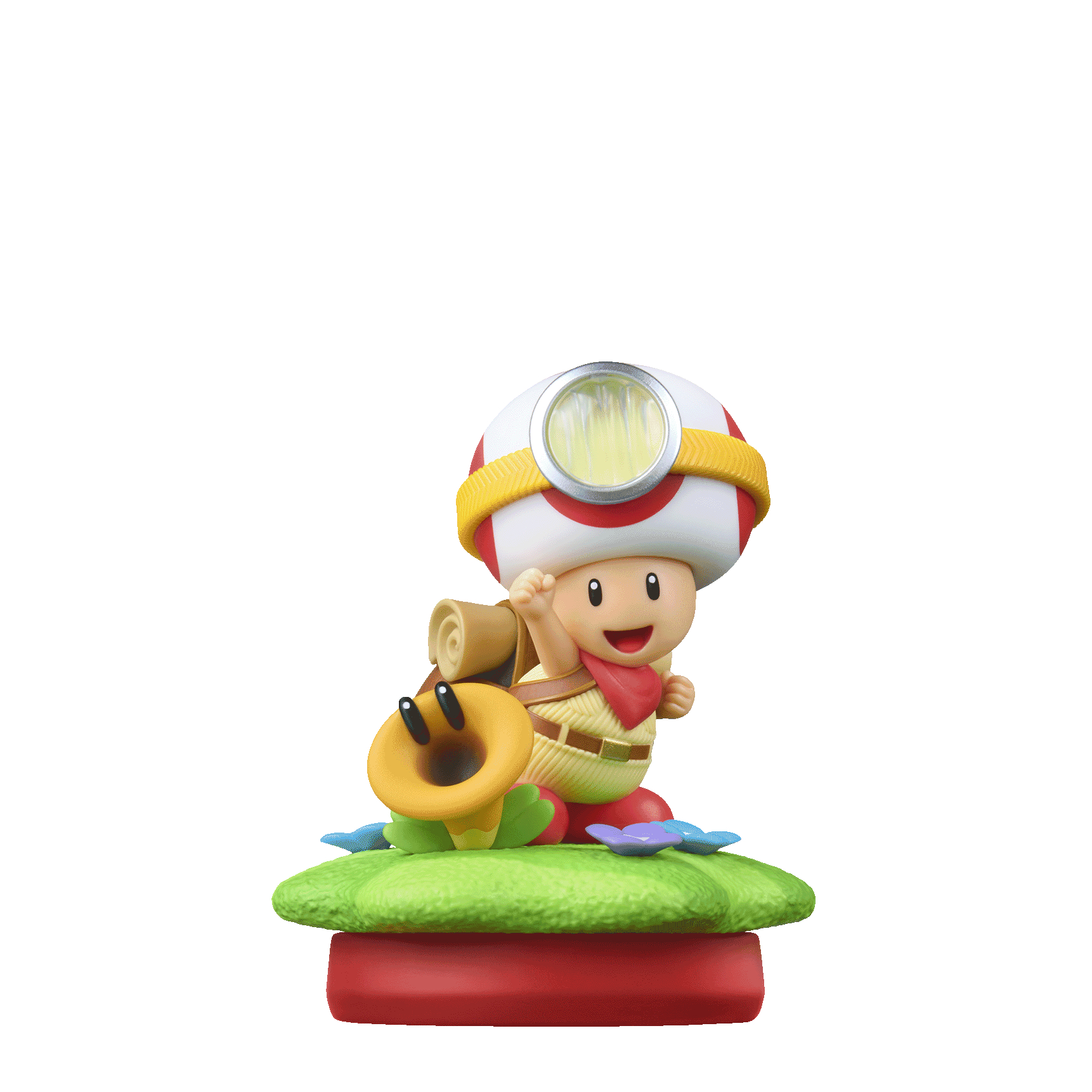 Toad-Figur mit Lampe und Pflanze auf Gras, weiße Hintergrund.