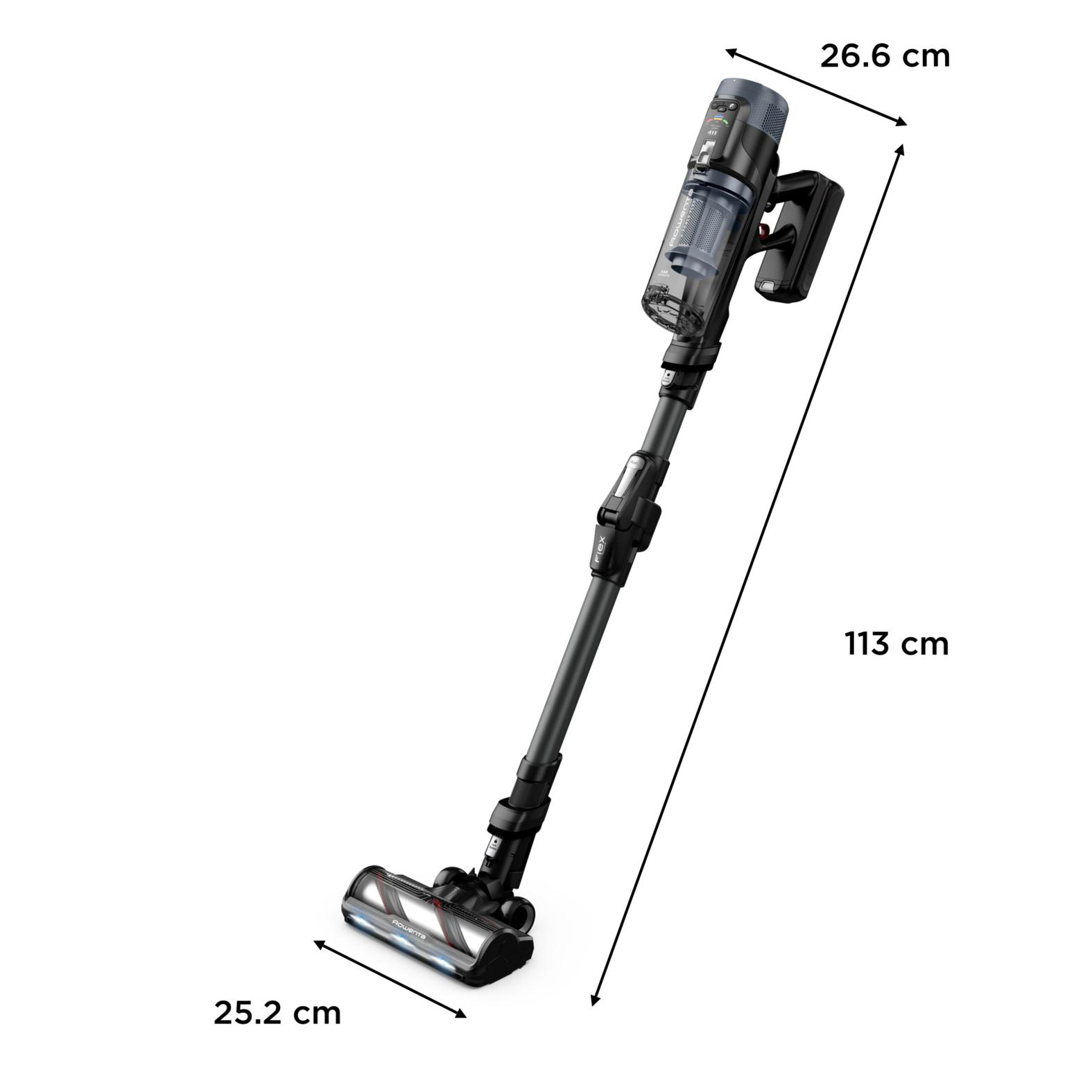 Ein schwarzer Akku-Staubsauger mit Maßen: 26,6 cm, 113 cm und 25,2 cm.