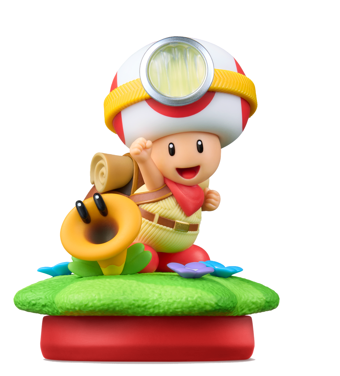 Una figura de Toad con linterna y mochila, junto a una flor amarilla.