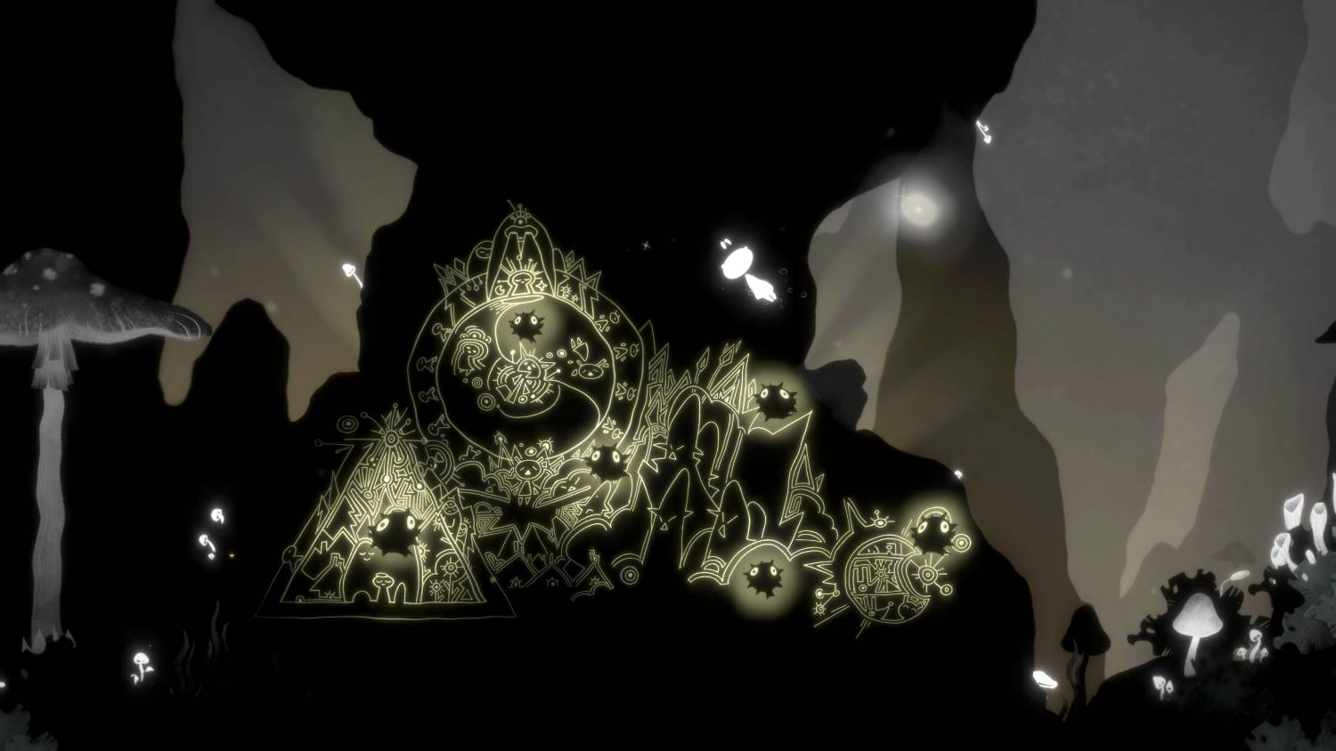 Símbolos brillantes y hongos en una cueva oscura.