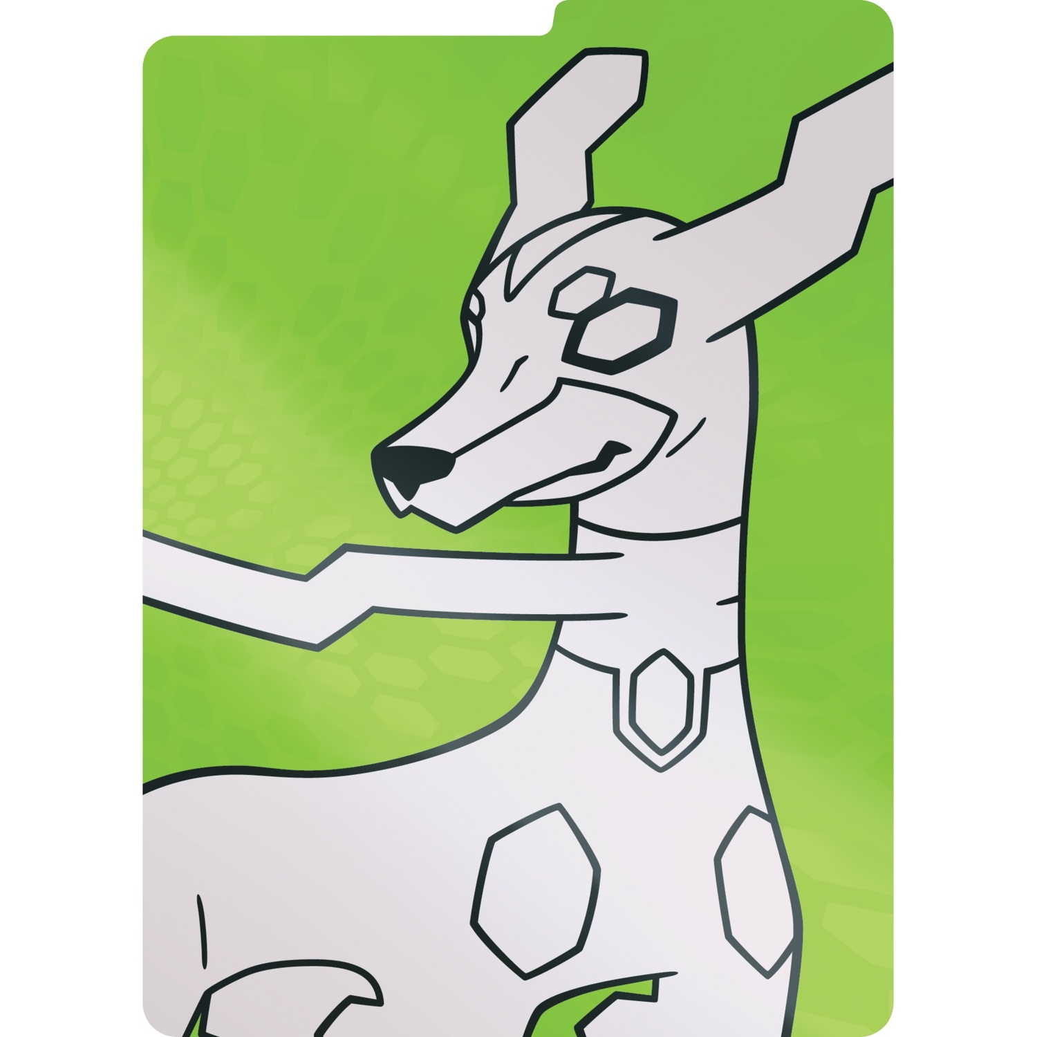 Una creatura bianca simile a un cane con linee nere su sfondo verde chiaro.