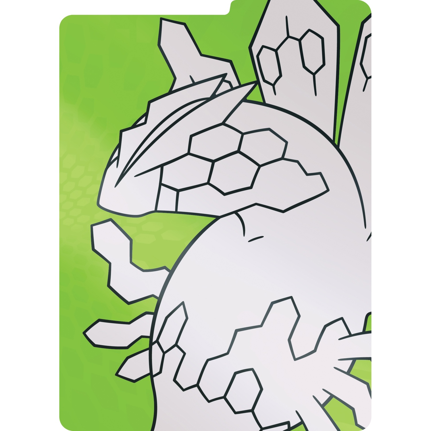 Grafica di una creatura bianca con linee nere su sfondo verde a motivo esagonale.