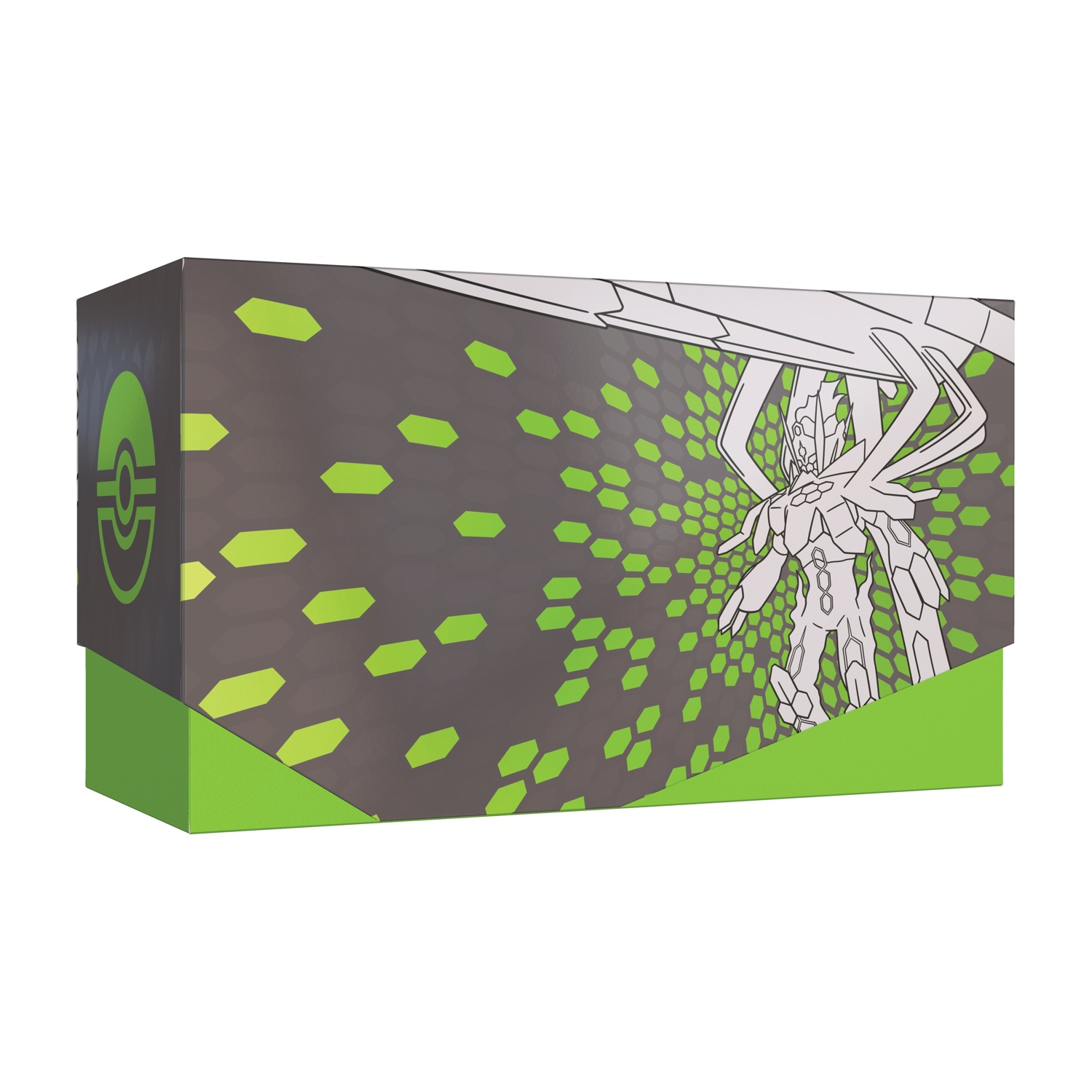 Scatola grigia con motivo verde e design robotico bianco.