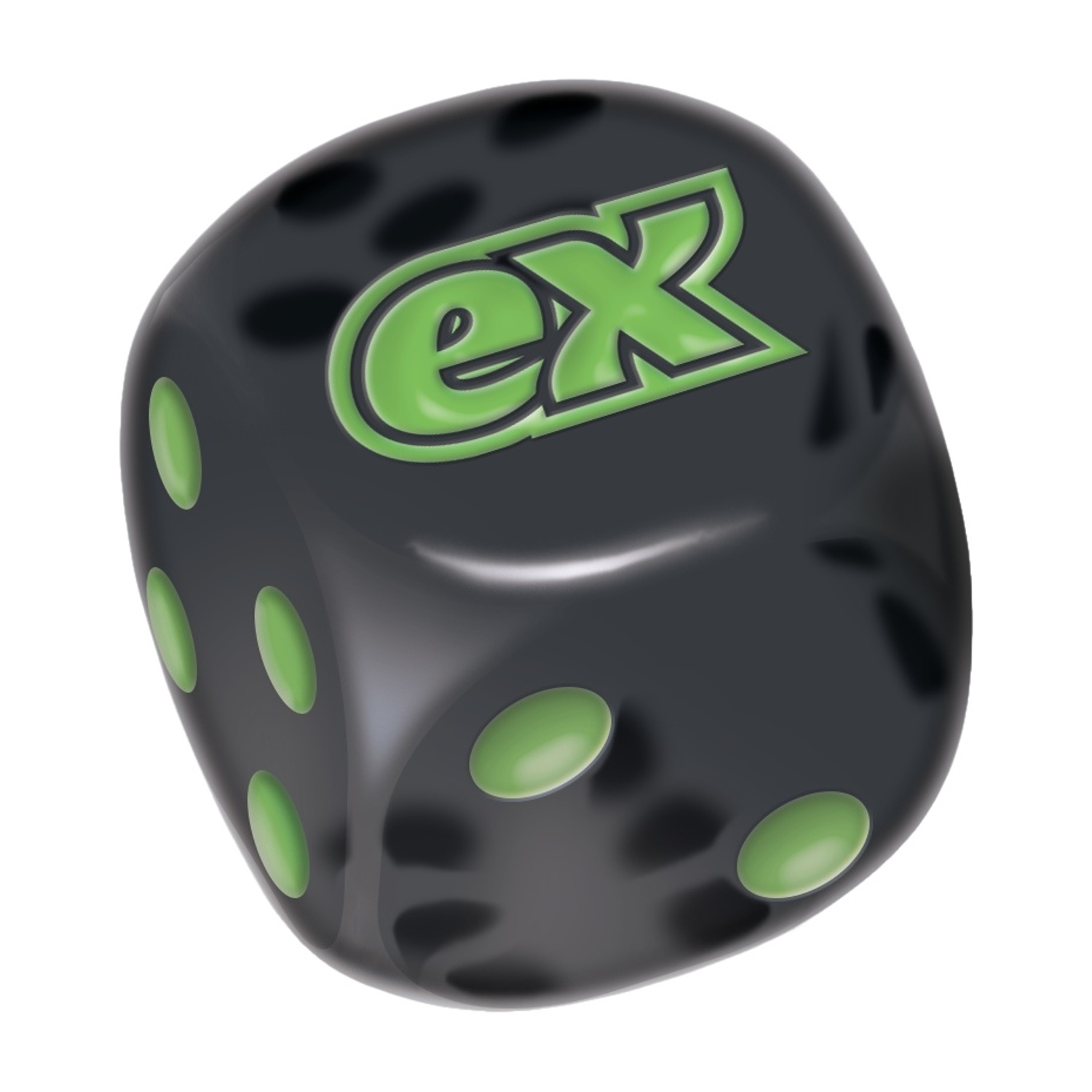 Un dado nero con punti verdi e la scritta "ex".