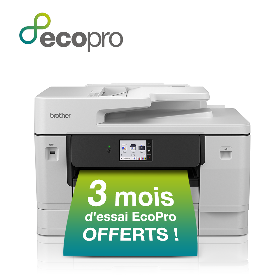 Une imprimante Brother avec une bannière verte indiquant '3 mois d'essai EcoPro OFFERTS !'