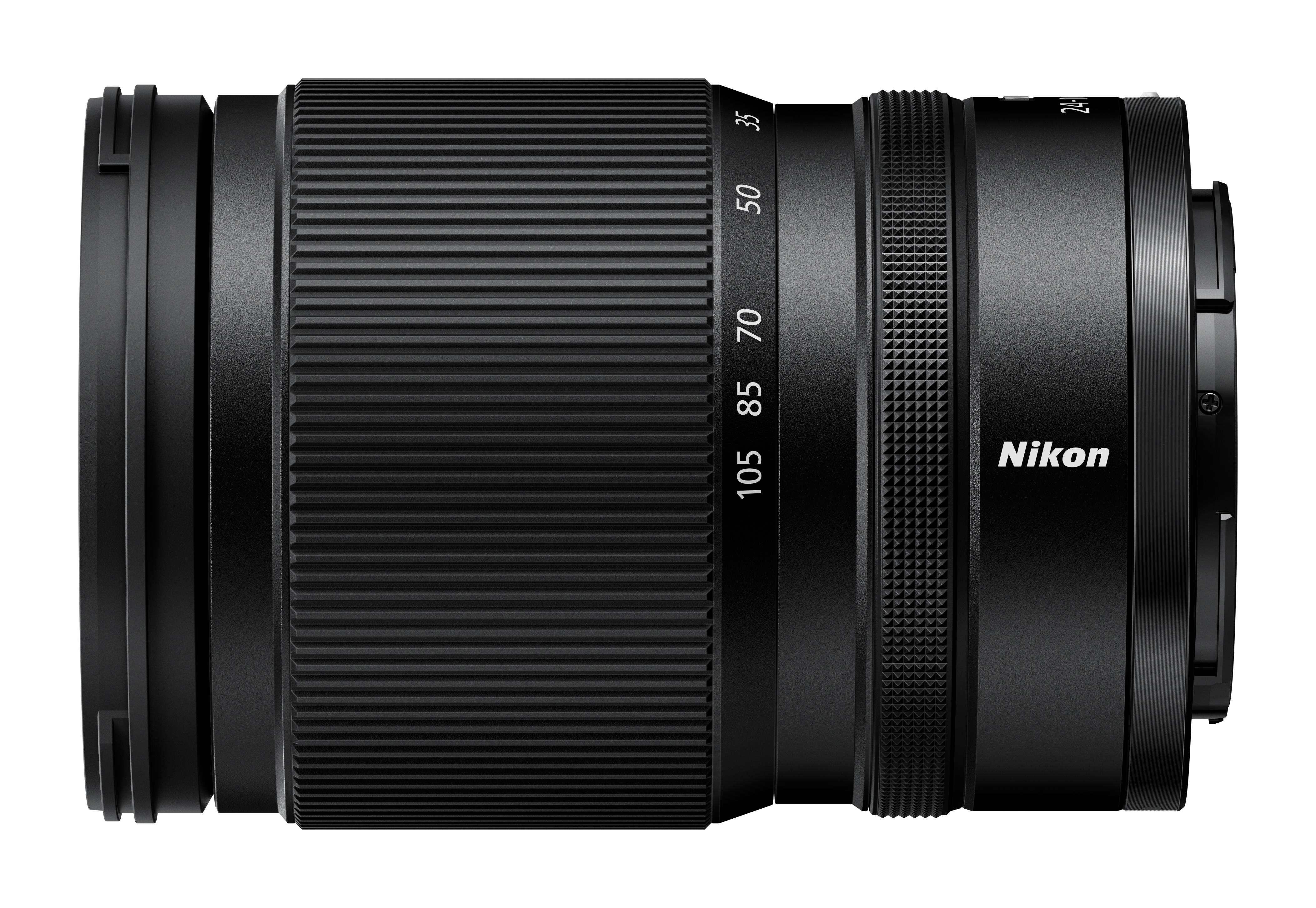 Schwarzes Nikon-Objektiv mit Zoomring und Fokusmarkierungen 24-105mm.