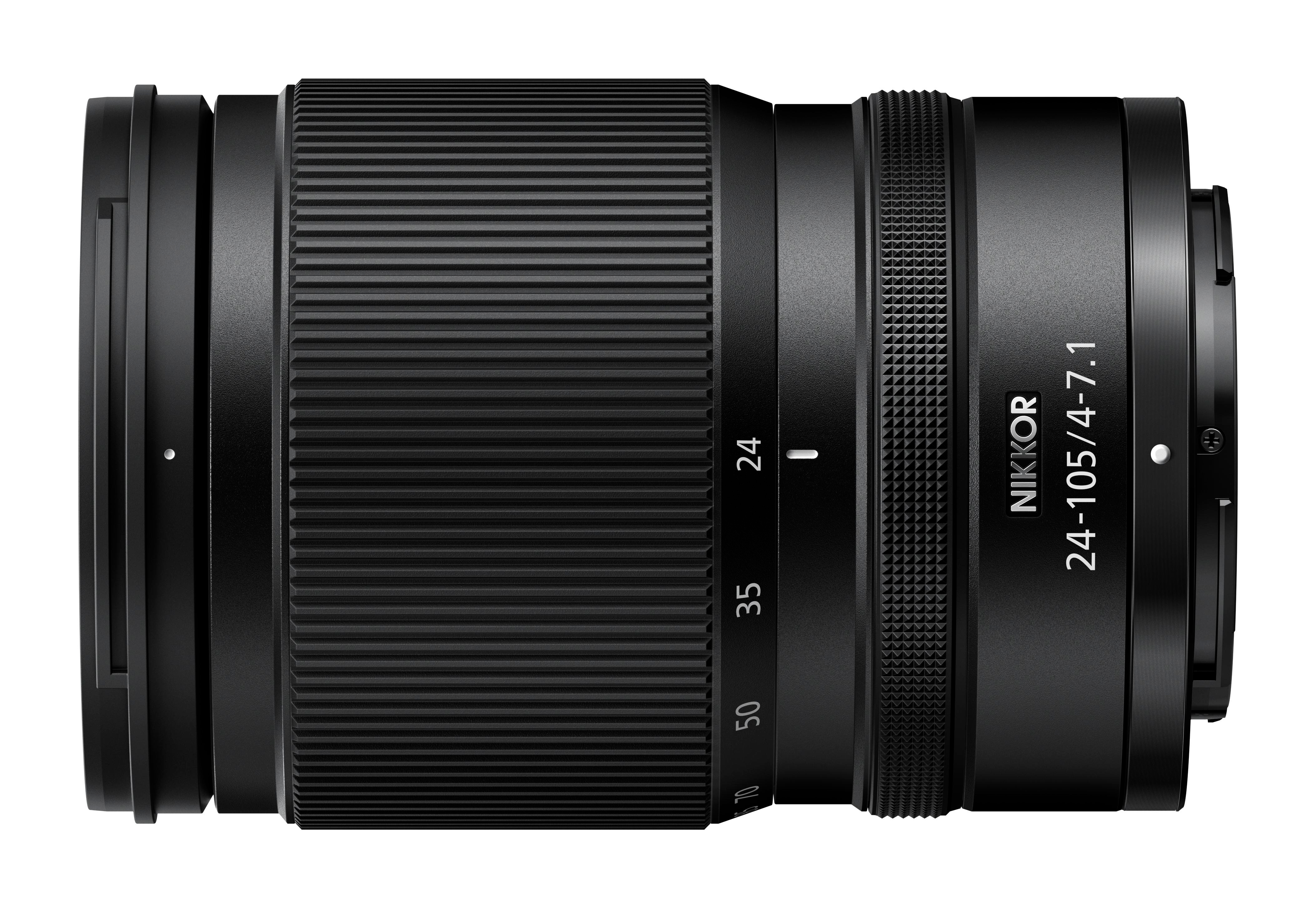 Eine schwarze NIKKOR 24-105mm 1:4-7.1 Kameraobjektiv mit Zoomring.