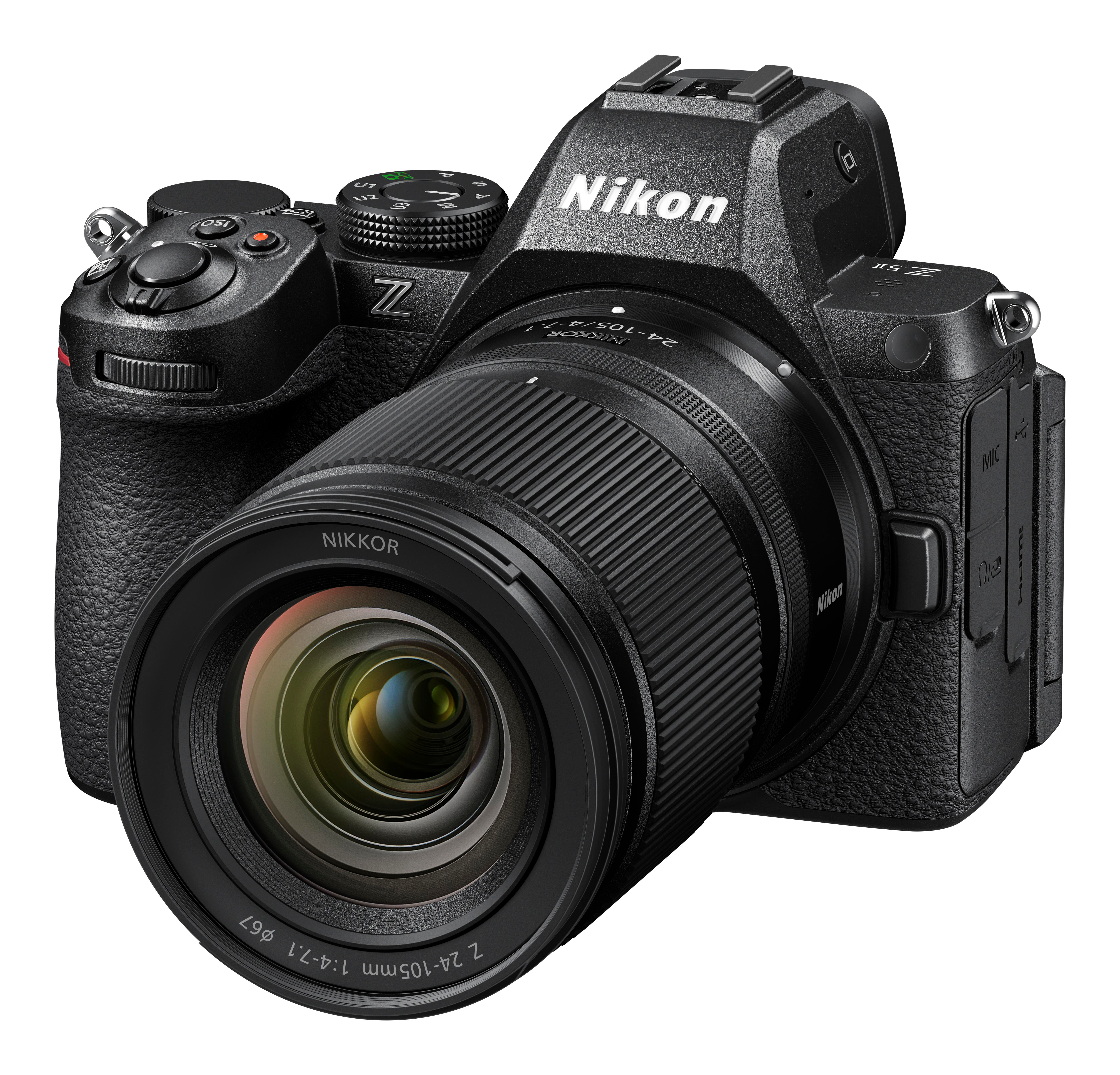 Schwarze Nikon Z-Kamera mit Nikkor Z 24-105mm Objektiv, detaillierten Bedienelementen.