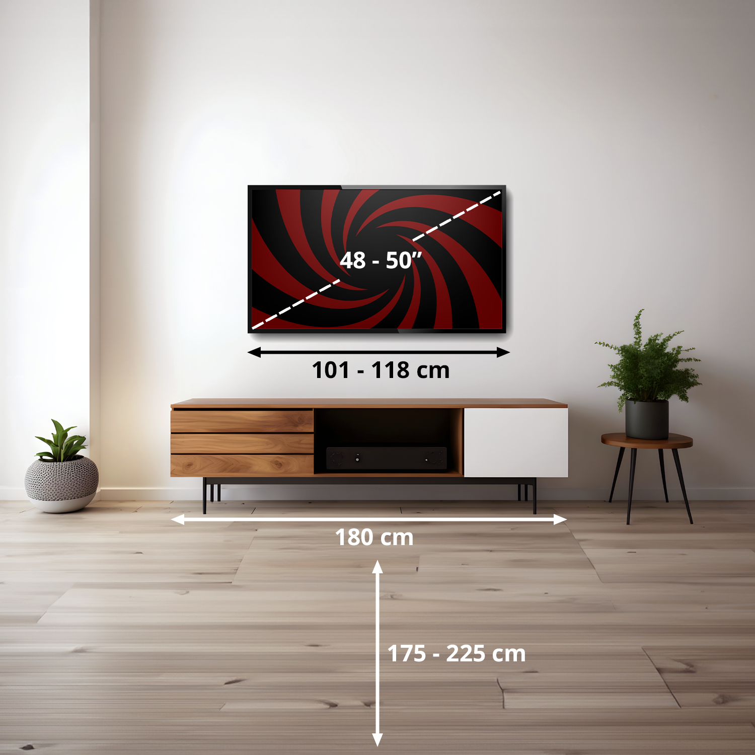 Un televisor de 48-50 pulgadas sobre un mueble de madera.