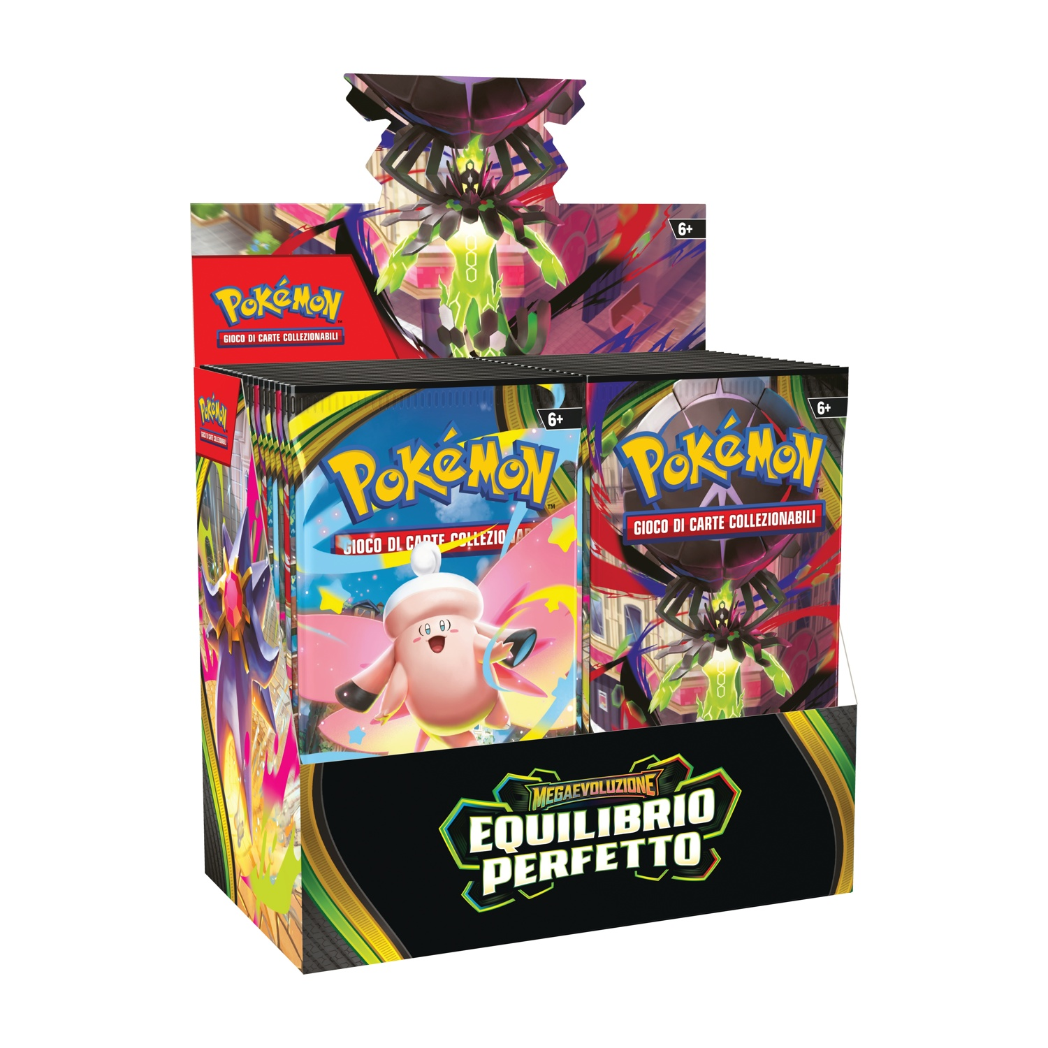 Display Gioco di Carte Collezionabili Pokémon con pacchetti e personaggi.