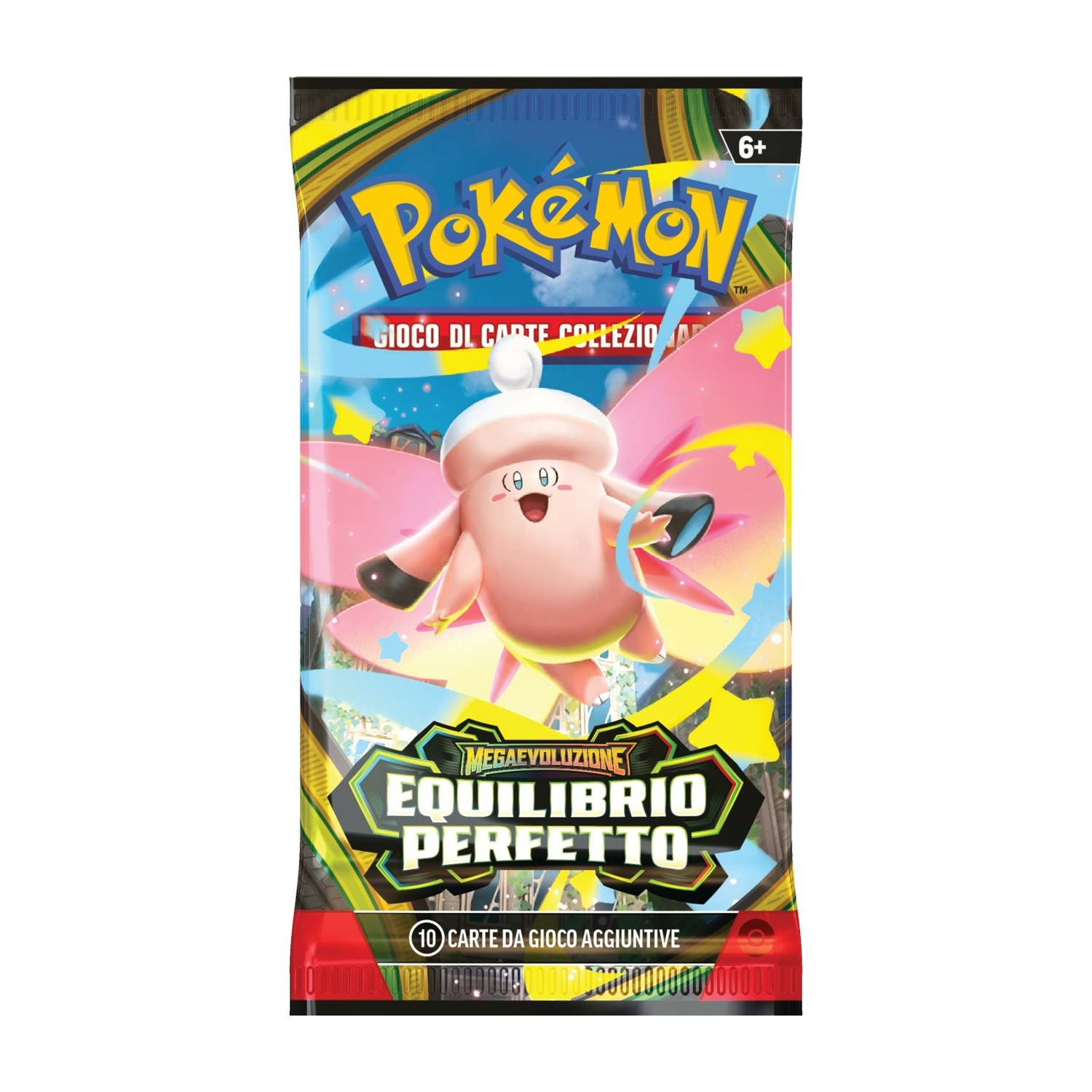 Confezione di carte collezionabili Pokemon con un Pokemon rosa e stelle.