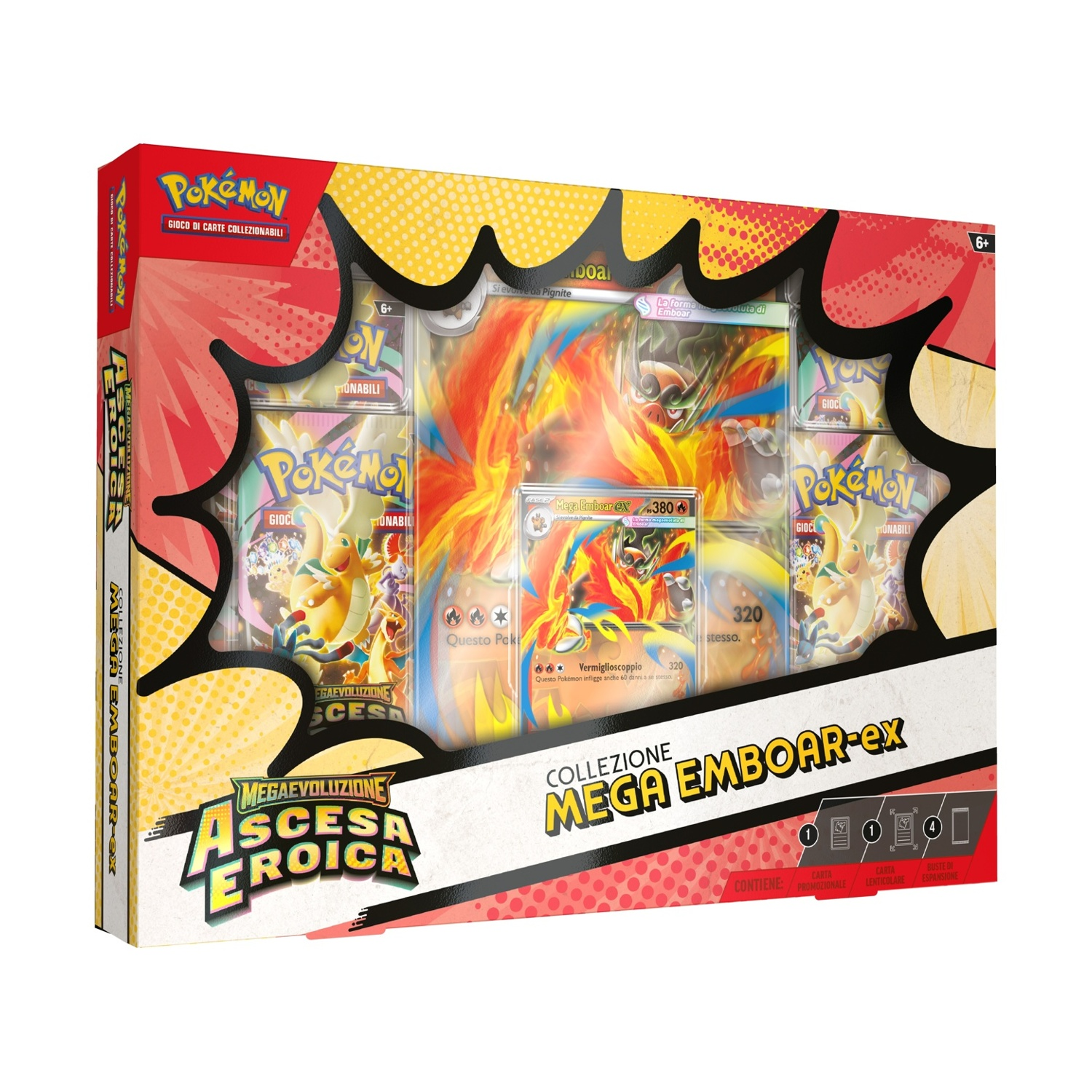 Collezione Pokémon Mega Emboar-ex con pacchi di carte e carte promozionali.