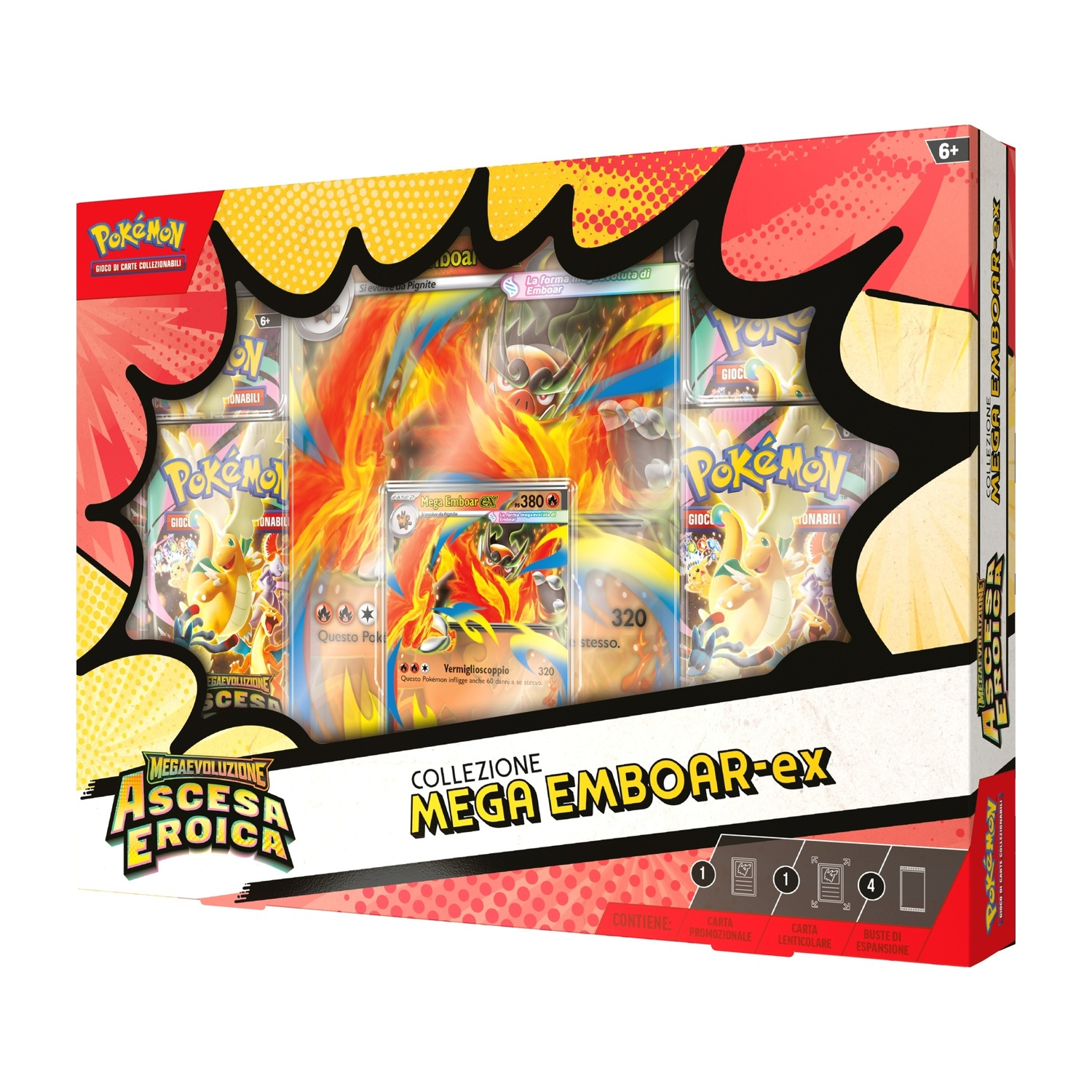 Box TCG Pokémon con Mega Emboar EX. Include carte e bustine di espansione.