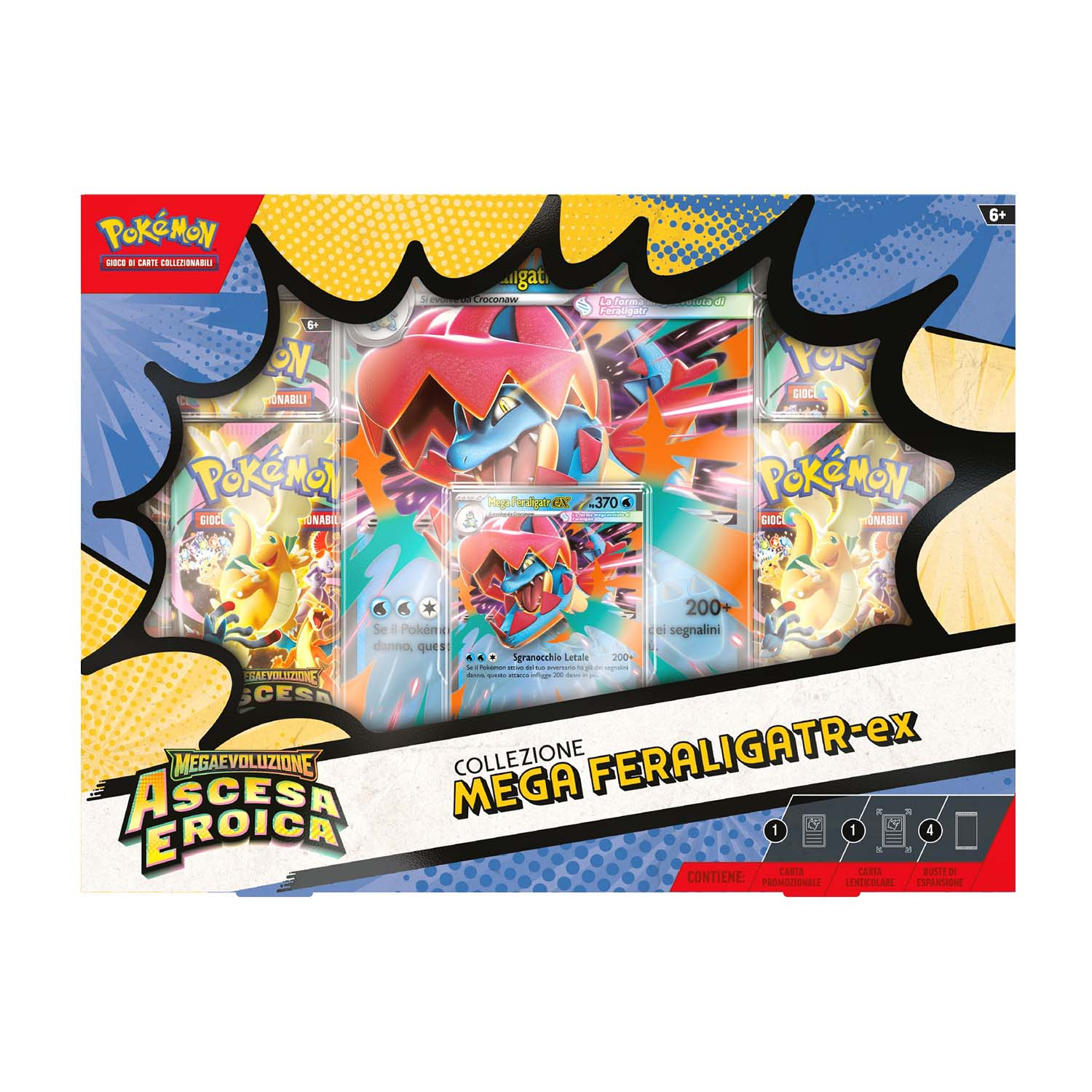 Box collezione Pokémon Mega Feraligatr-ex con carte e bustine.