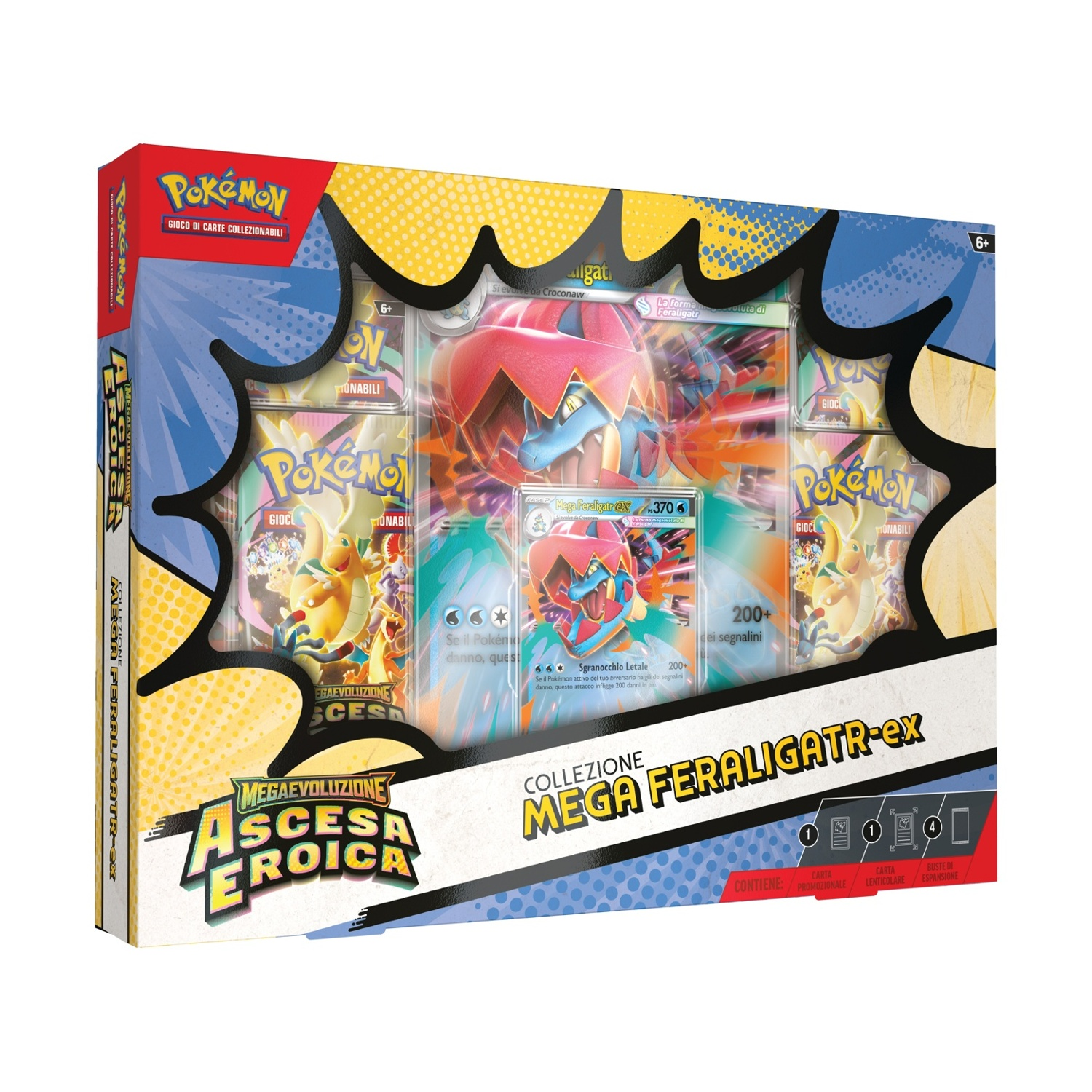 Box Gioco Carte Collezionabili Pokémon con Mega Feraligatr-ex e bustine.