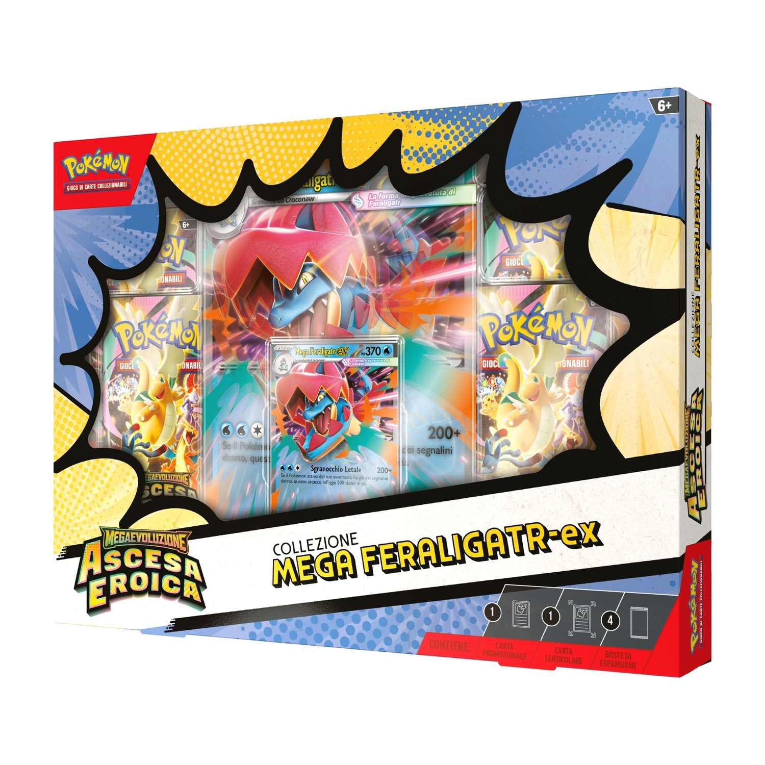 Box GCC Pokémon con Mega Feraligatr EX, carte di gioco e accessori.