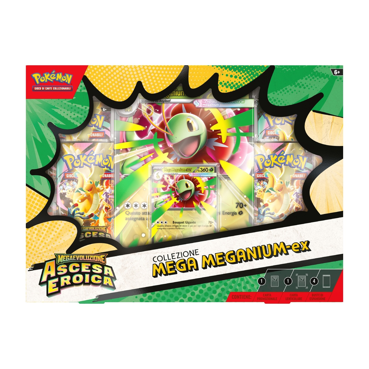 Box Gioco di Carte Collezionabili Pokémon con Mega Meganium EX, buste e carte.