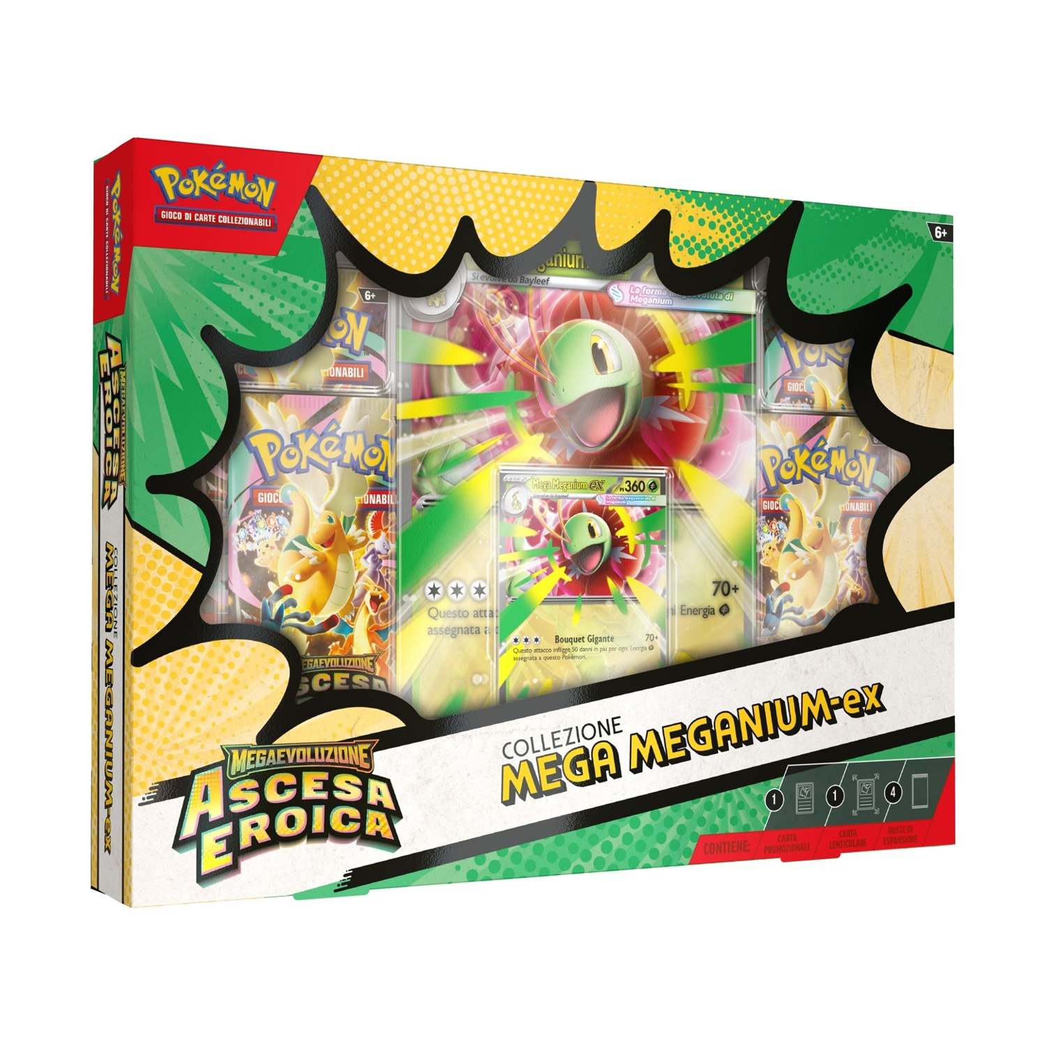 Box collezione Pokémon Mega Meganium-ex con carte e bustine.