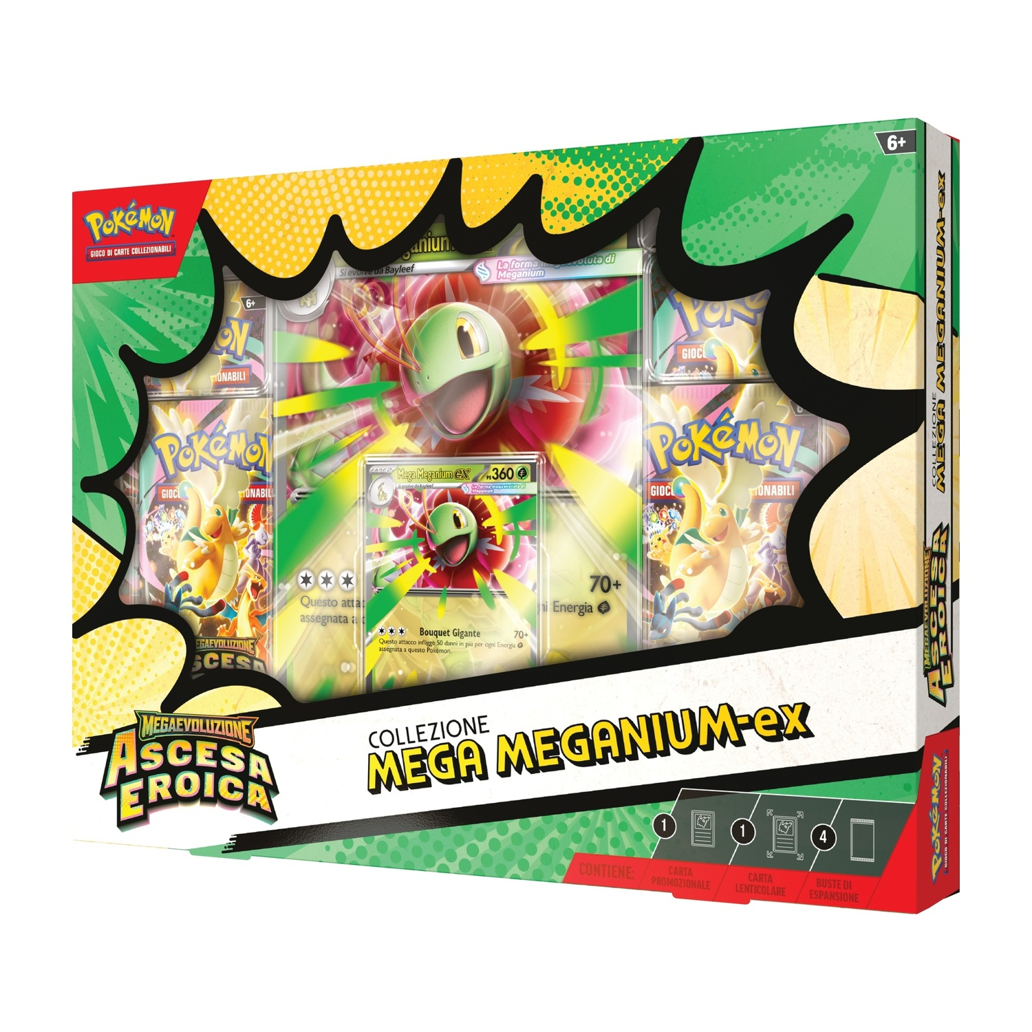 Box Pokémon TCG con Mega M. Meganium ex, carte da gioco e accessori.