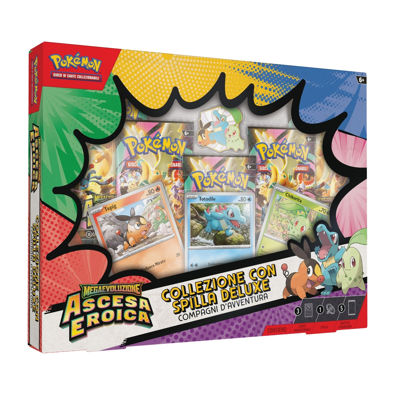 Pokémon TCG Deluxe Collection Box con spille e carte.