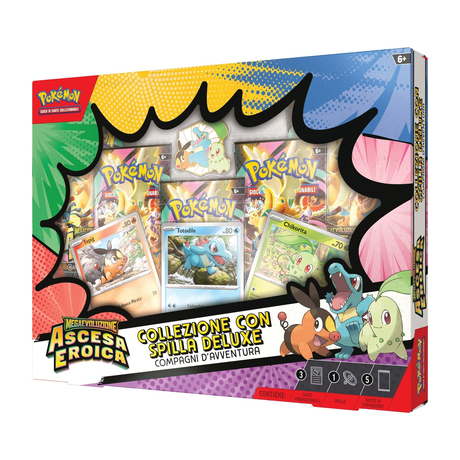 Box collezione Pokémon con carte, spille e carte promo. Contiene 3 carte, 1 spilla, 5 bustine.