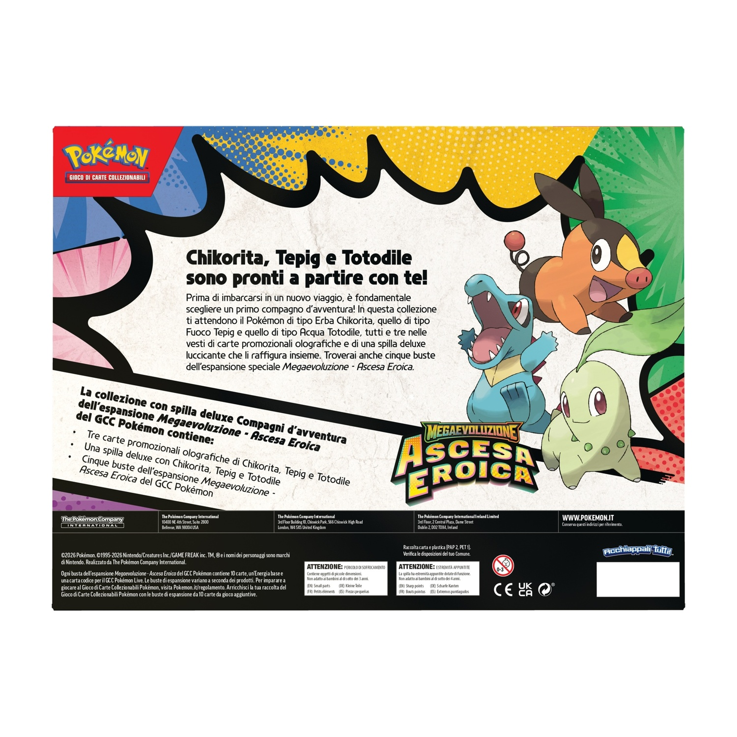Espansione Pokémon "Megaevoluzione - Ascesa Eroica" con Chikorita, Tepig, Totodile.