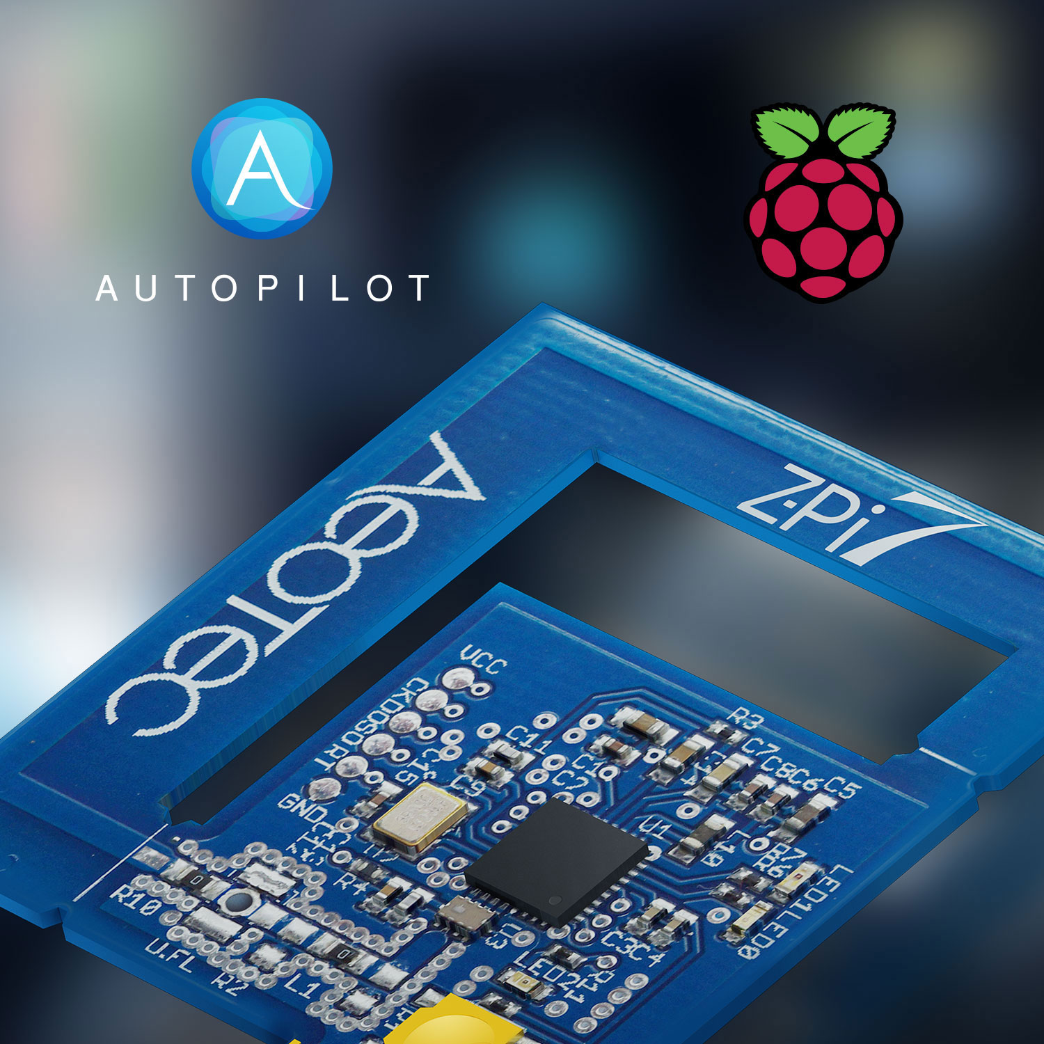 Blaues PCB mit 'Aeotec ZPi' und Raspberry Pi Logo. Autopilot-Logo oben links.