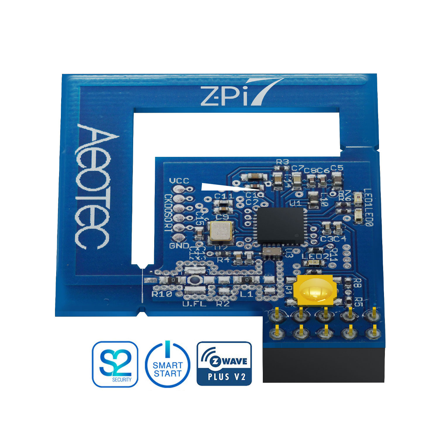 Eine blaue Leiterplatte mit dem Aeotec-Logo und Z-Wave-Symbolen.