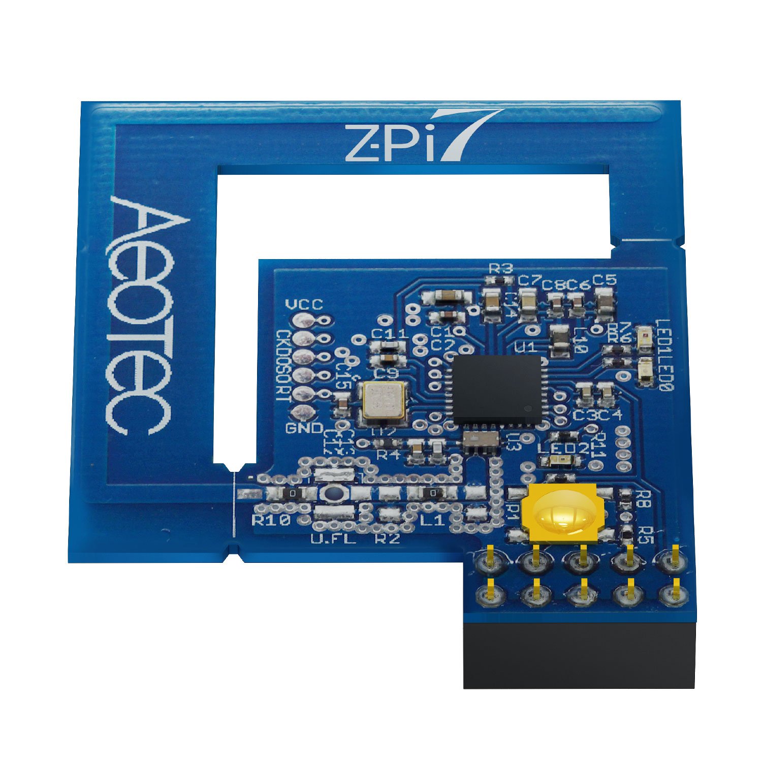 Eine blaue Leiterplatte mit der Aufschrift 'Aeotec' und 'Z-Pi', mit Komponenten und einem gelben LED.