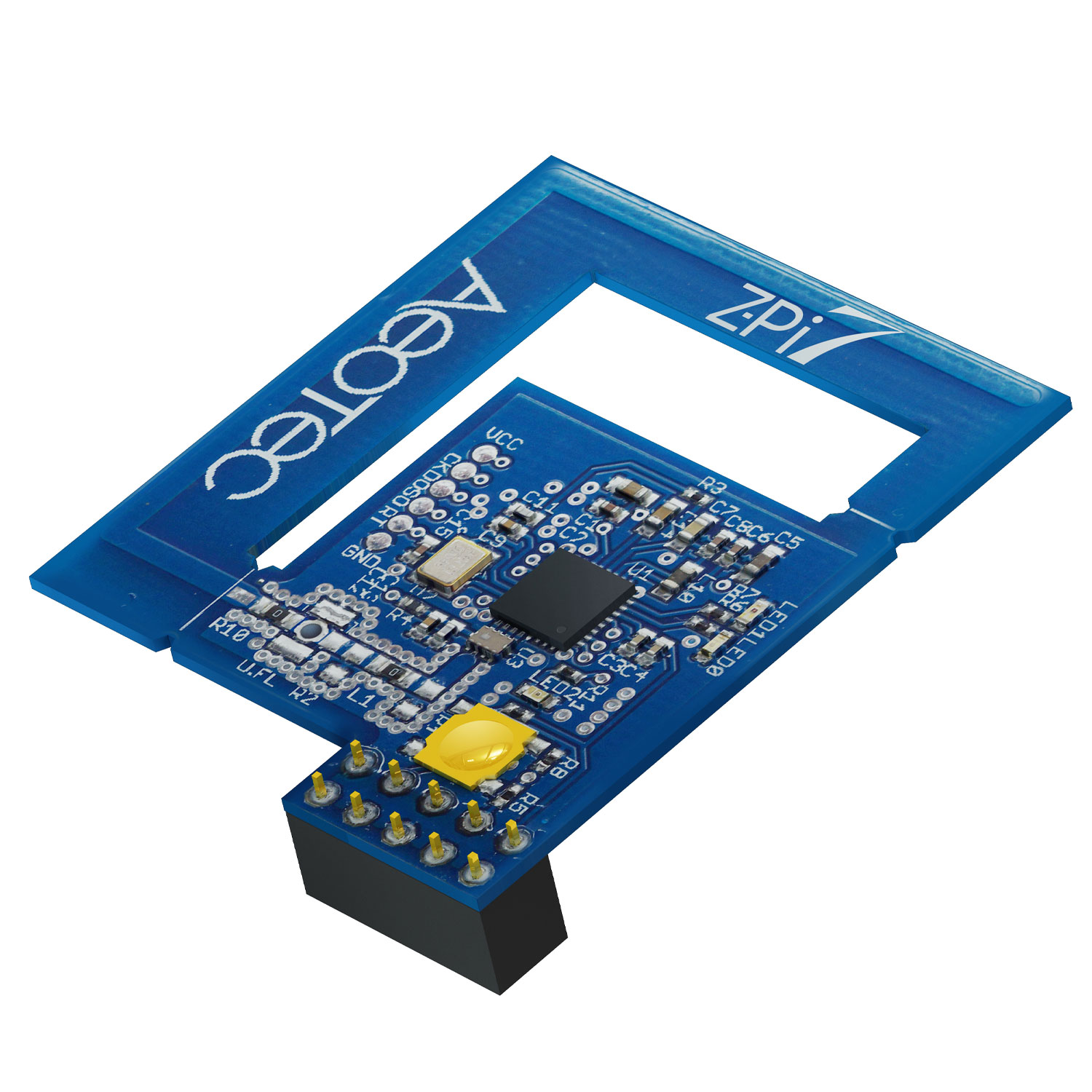 Ein blauer Z-Wave-Chip mit gelber LED und Anschlüssen auf einem weißen Hintergrund.