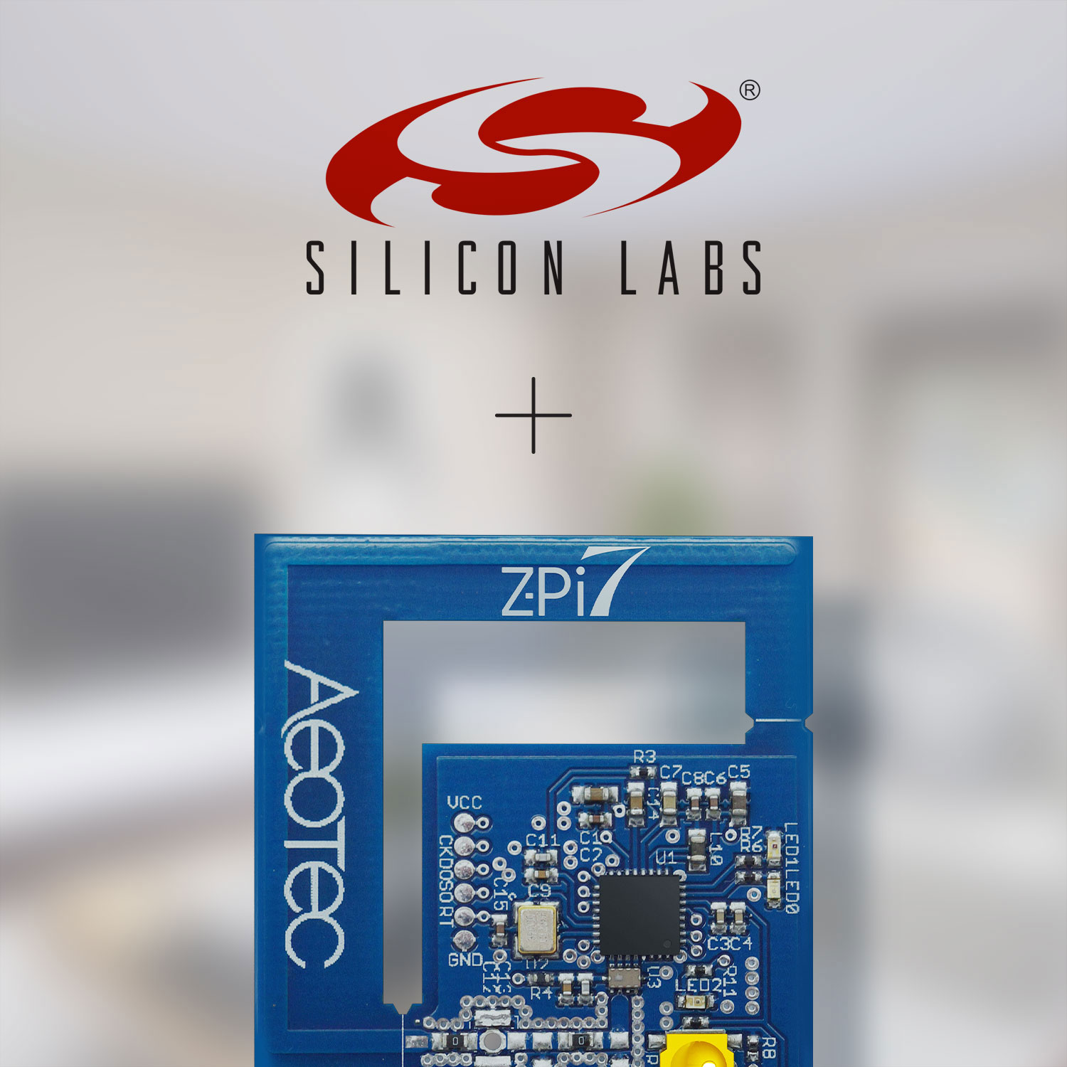 Blaues Aeotec ZPi-Modul mit Silicon Labs Logo und Platine.