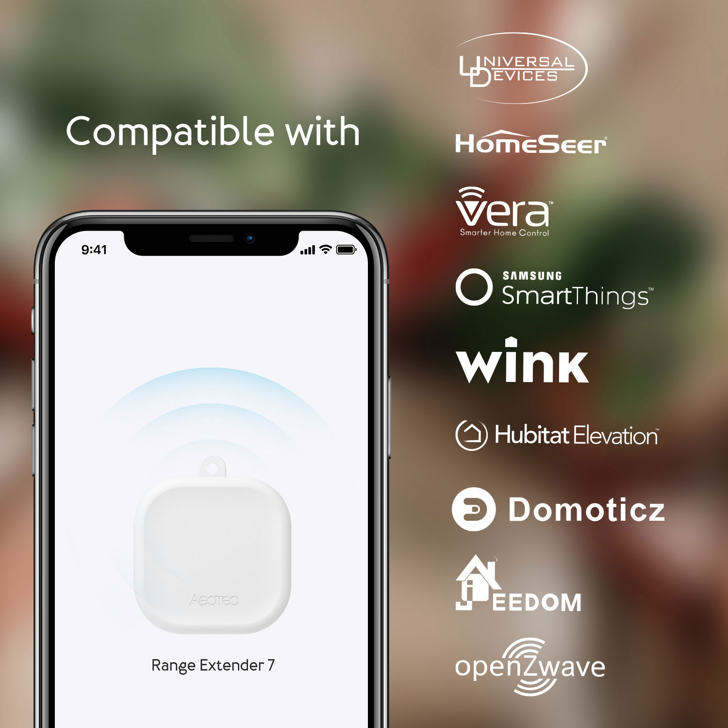 Ein Smartphone zeigt eine App mit einem Range Extender 7 und Kompatibilitätslogos.