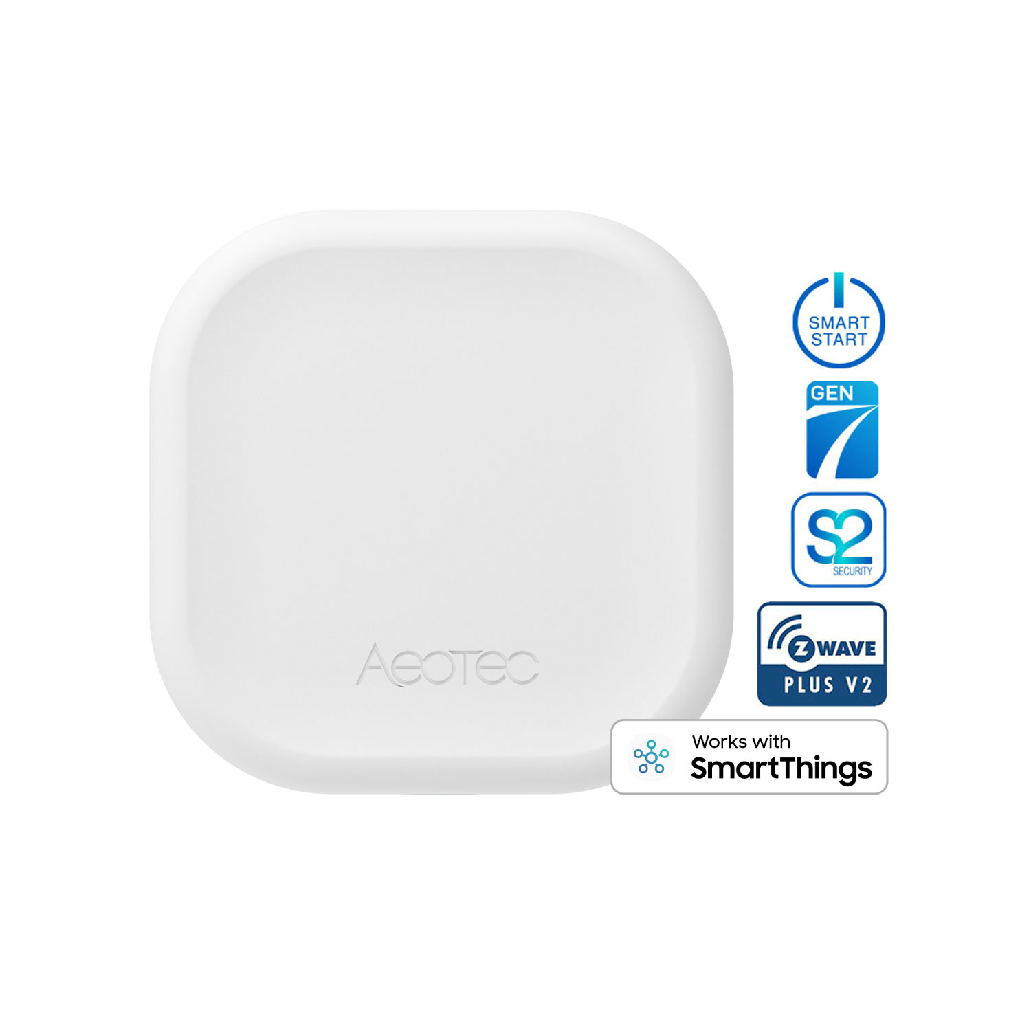 Ein weißes Smart-Home-Gerät mit verschiedenen Logos wie Smart Start, Gen 7, S2 Security, Z-Wave Plus V2 und SmartThings.