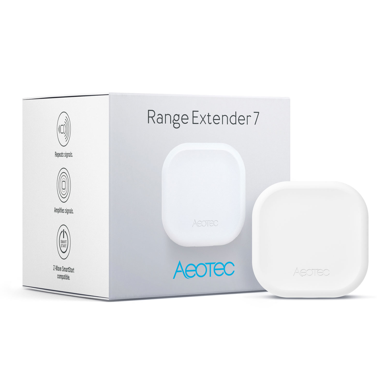 Ein weißer Aeotec Range Extender 7 und seine Verpackung. Repeats signals.